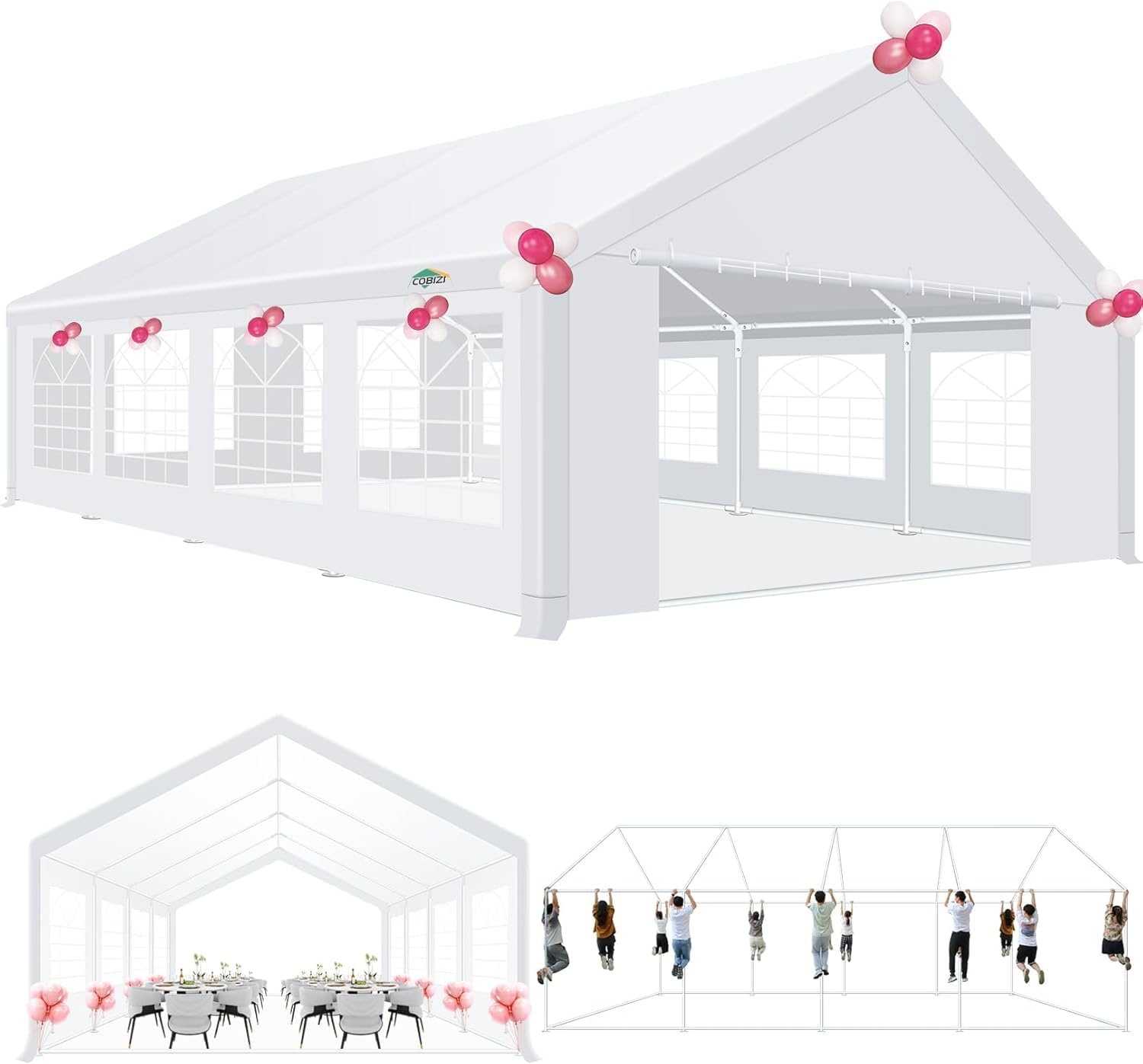 image:imageCOBIZI 20x30 Outdoor Party Tent Heavy Duty Waterproof Canopy Shelter with 8 Sidewalls amp 12 Church Windows White Powder Coating Builtin Sandbag Commercial Event Tents for Parties Wedding Patio BBQWhite