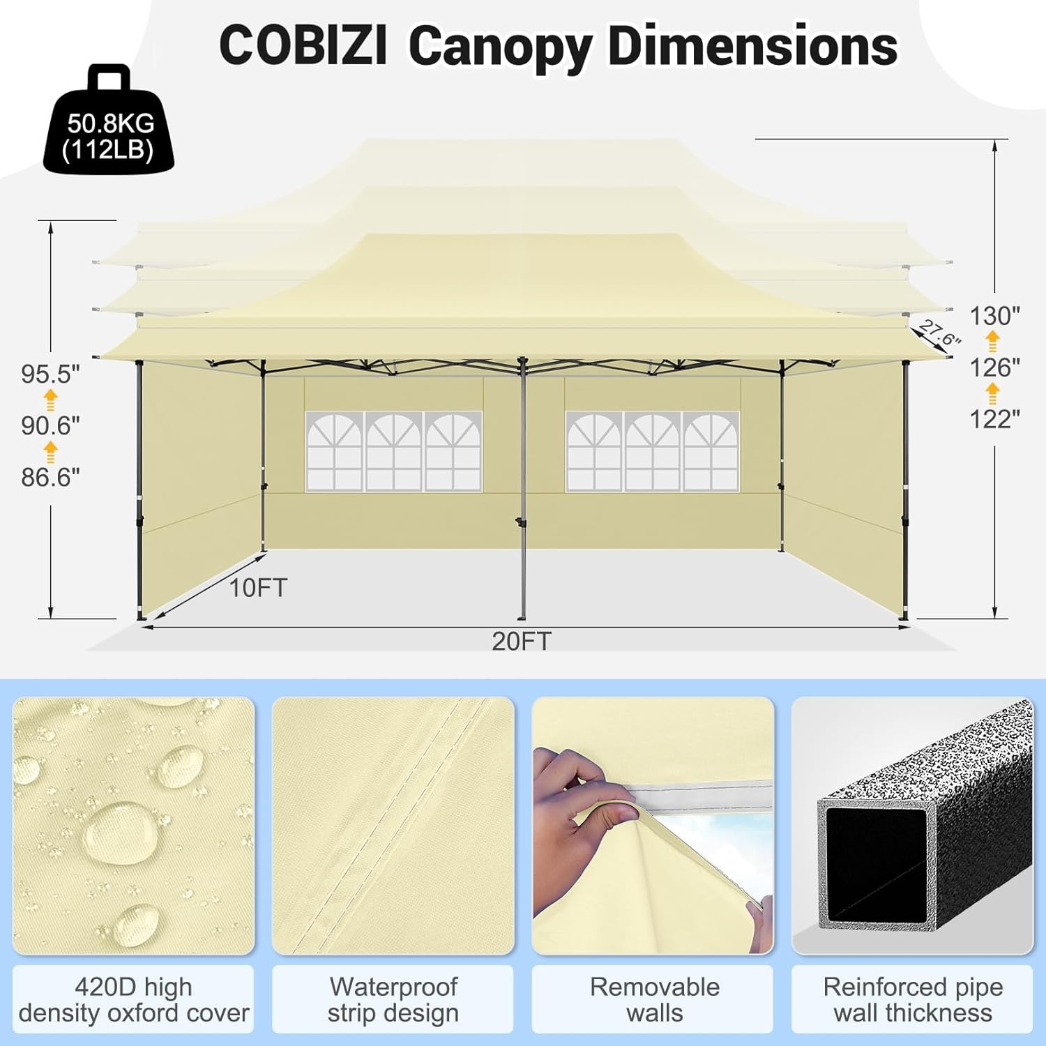 image:imageCOBIZI 20x30 Outdoor Party Tent Heavy Duty Waterproof Canopy Shelter with 8 Sidewalls amp 12 Church Windows White Powder Coating Builtin Sandbag Commercial Event Tents for Parties Wedding Patio BBQKhaki