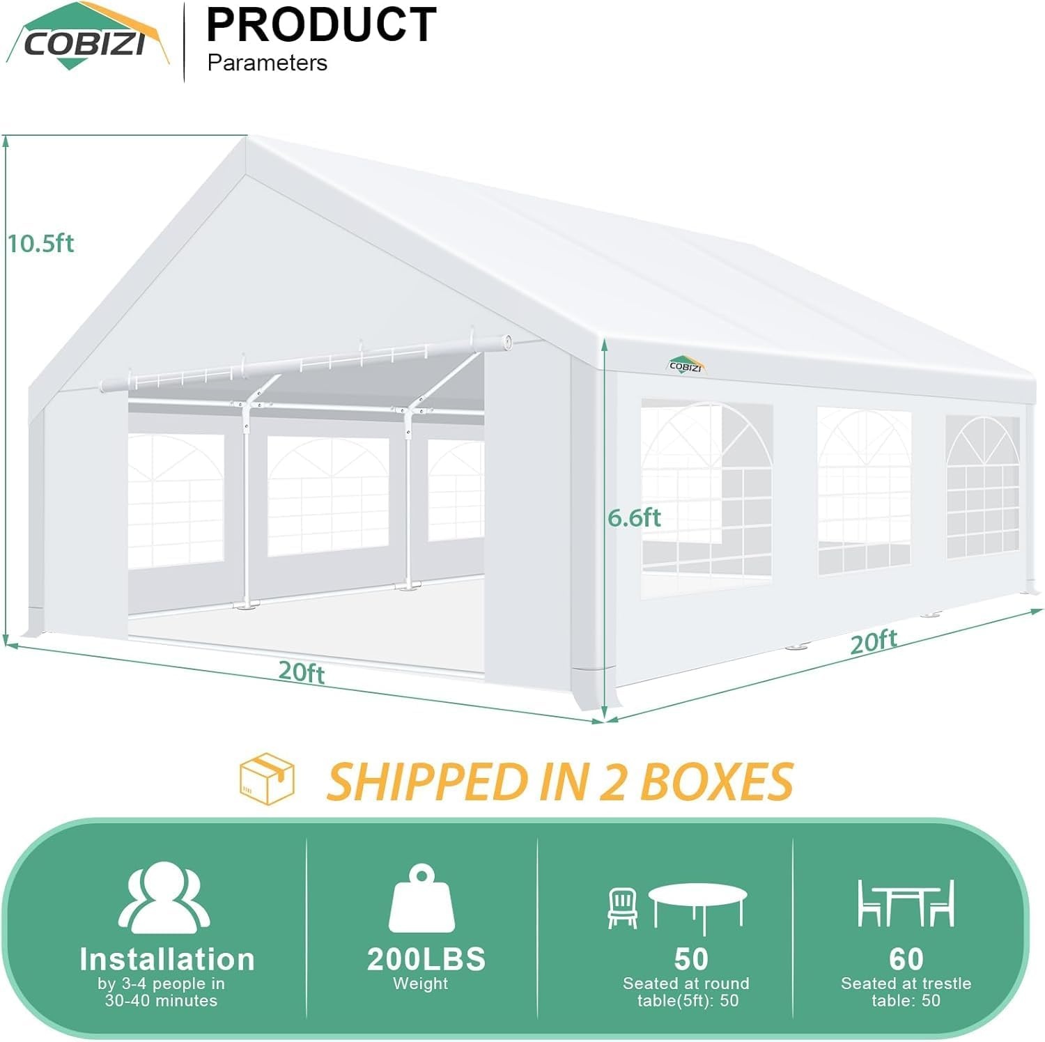 image:imageCOBIZI 20x30 Outdoor Party Tent Heavy Duty Waterproof Canopy Shelter with 8 Sidewalls amp 12 Church Windows White Powder Coating Builtin Sandbag Commercial Event Tents for Parties Wedding Patio BBQWhite