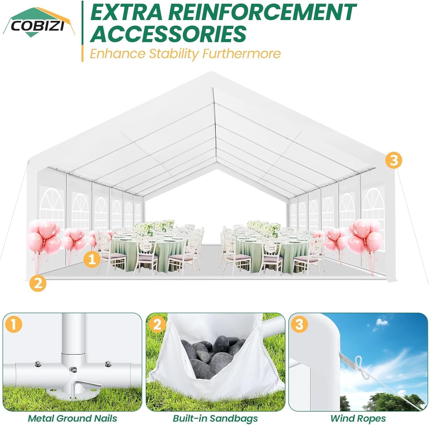 image:imageCOBIZI 20x30 Outdoor Party Tent Heavy Duty Waterproof Canopy Shelter with 8 Sidewalls amp 12 Church Windows White Powder Coating Builtin Sandbag Commercial Event Tents for Parties Wedding Patio BBQWhite
