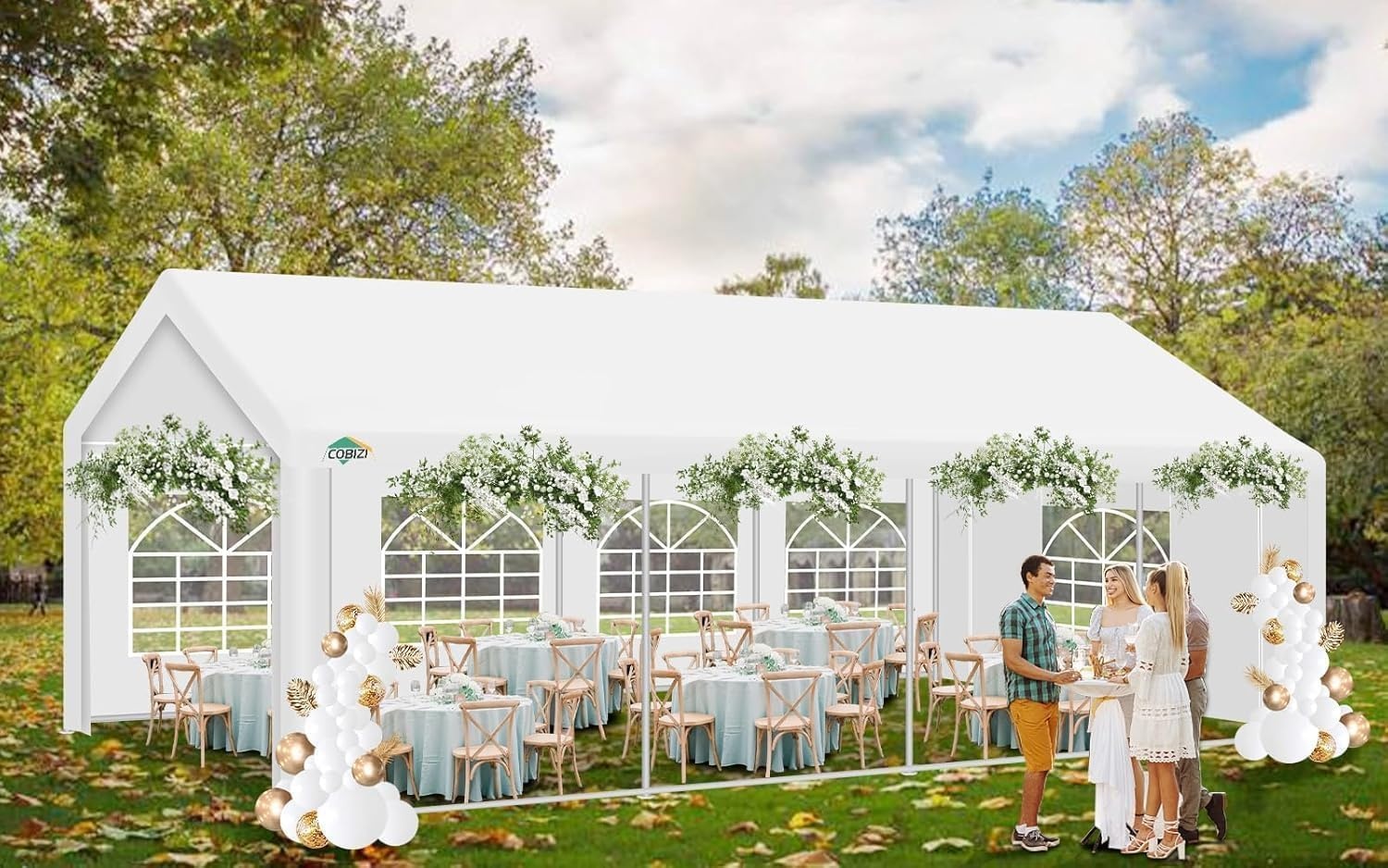 image:imageCOBIZI 20x30 Outdoor Party Tent Heavy Duty Waterproof Canopy Shelter with 8 Sidewalls amp 12 Church Windows White Powder Coating Builtin Sandbag Commercial Event Tents for Parties Wedding Patio BBQWhite