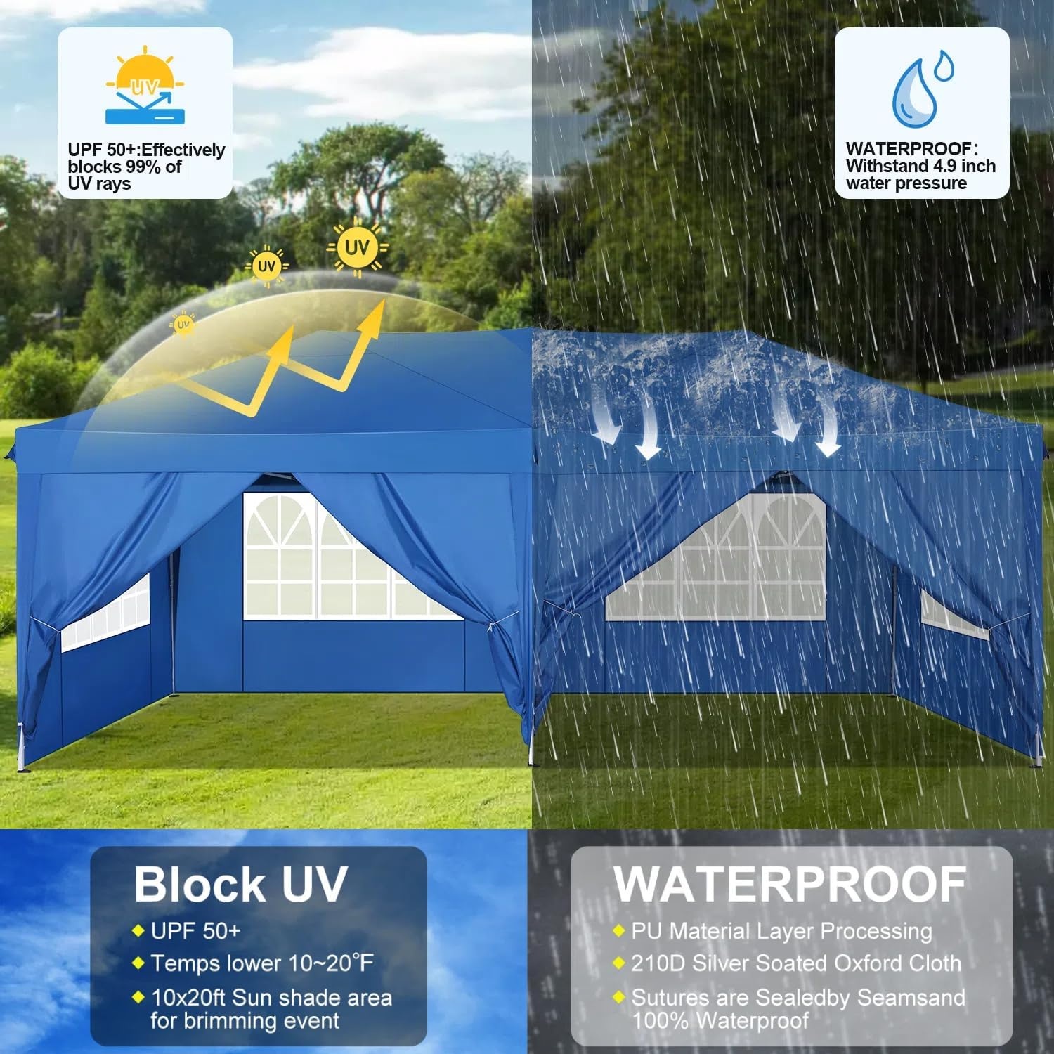 image:imageCOBIZI 20x30 Outdoor Party Tent Heavy Duty Waterproof Canopy Shelter with 8 Sidewalls amp 12 Church Windows White Powder Coating Builtin Sandbag Commercial Event Tents for Parties Wedding Patio BBQBlue