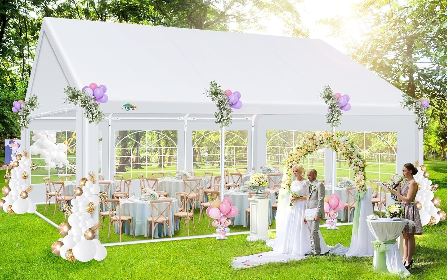 image:imageCOBIZI 20x30 Outdoor Party Tent Heavy Duty Waterproof Canopy Shelter with 8 Sidewalls amp 12 Church Windows White Powder Coating Builtin Sandbag Commercial Event Tents for Parties Wedding Patio BBQWhite