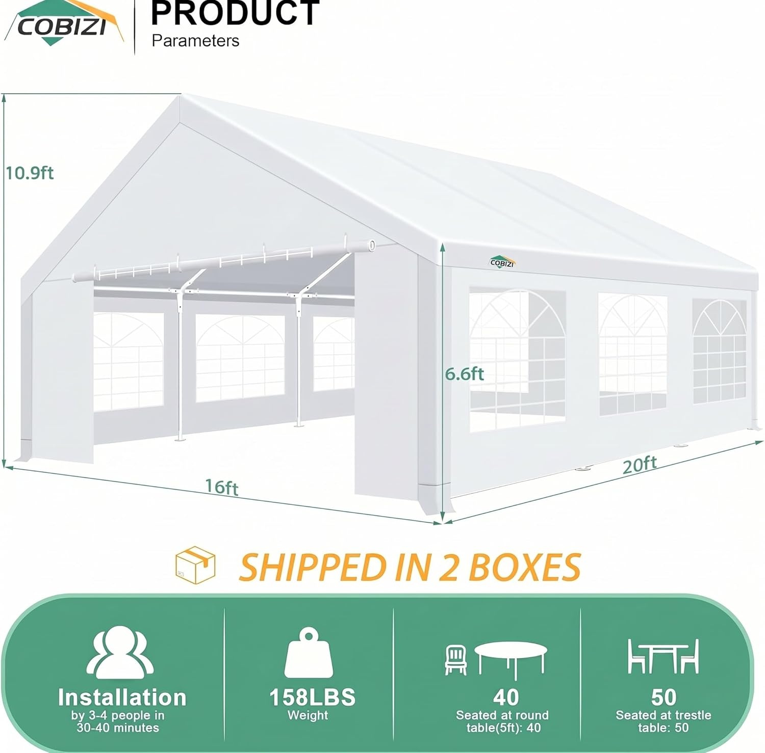 image:imageCOBIZI 20x30 Outdoor Party Tent Heavy Duty Waterproof Canopy Shelter with 8 Sidewalls amp 12 Church Windows White Powder Coating Builtin Sandbag Commercial Event Tents for Parties Wedding Patio BBQWhite