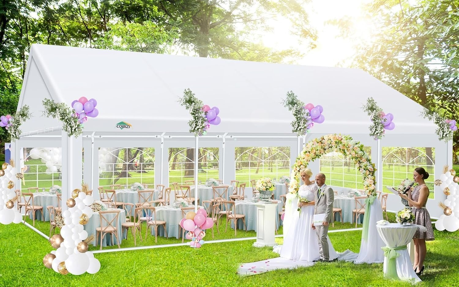 image:imageCOBIZI 20x30 Outdoor Party Tent Heavy Duty Waterproof Canopy Shelter with 8 Sidewalls amp 12 Church Windows White Powder Coating Builtin Sandbag Commercial Event Tents for Parties Wedding Patio BBQWhite