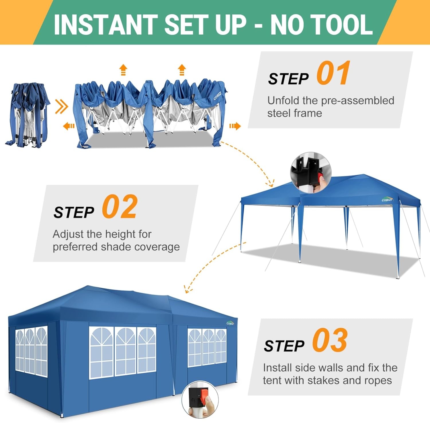 image:imageCOBIZI 20x30 Outdoor Party Tent Heavy Duty Waterproof Canopy Shelter with 8 Sidewalls amp 12 Church Windows White Powder Coating Builtin Sandbag Commercial Event Tents for Parties Wedding Patio BBQBlue