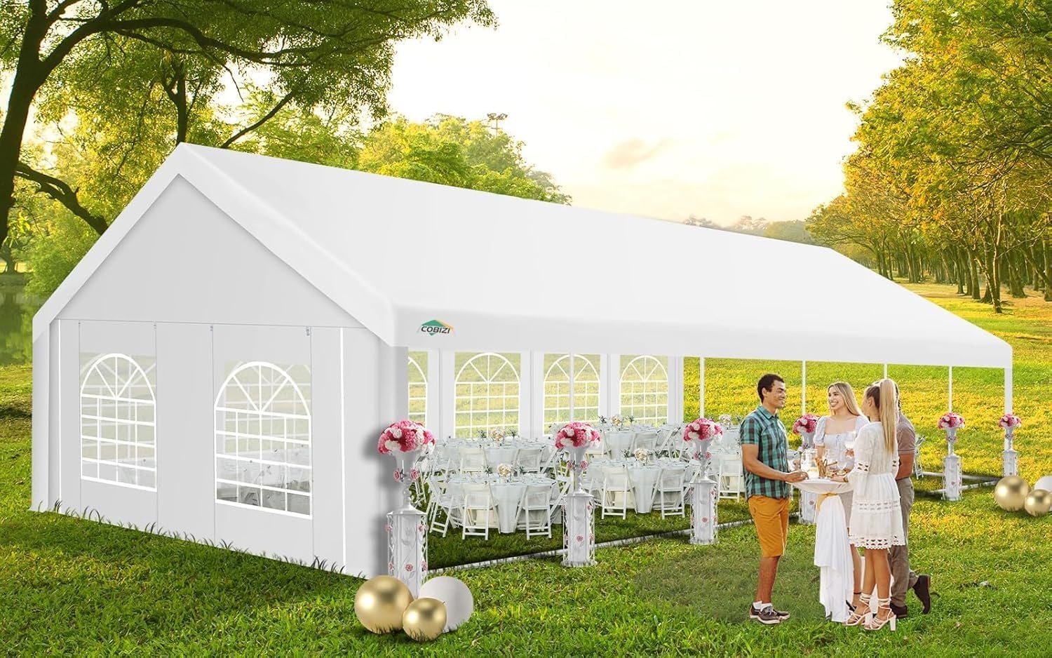 image:imageCOBIZI 20x30 Outdoor Party Tent Heavy Duty Waterproof Canopy Shelter with 8 Sidewalls amp 12 Church Windows White Powder Coating Builtin Sandbag Commercial Event Tents for Parties Wedding Patio BBQWhite