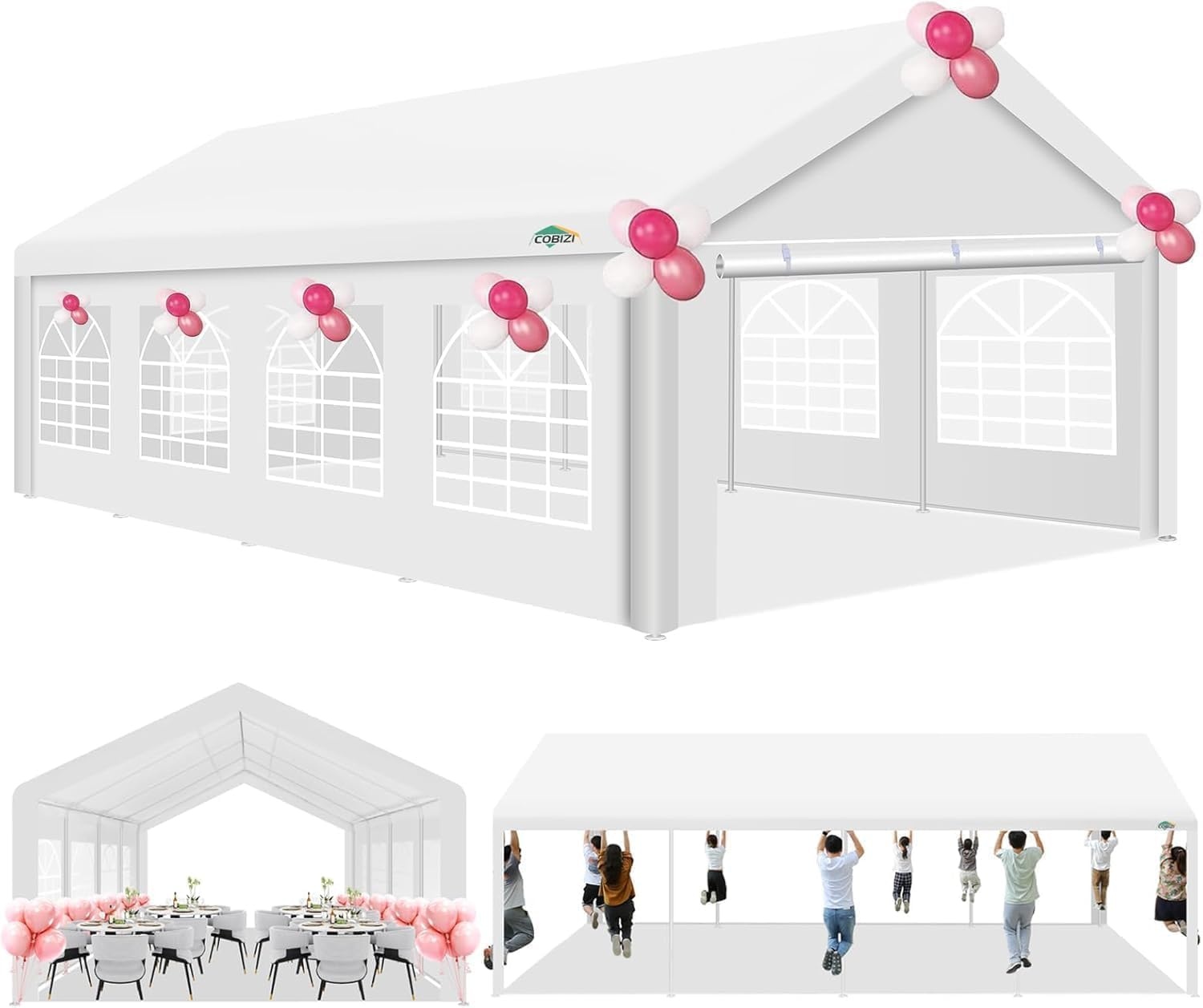 image:imageCOBIZI 20x30 Outdoor Party Tent Heavy Duty Waterproof Canopy Shelter with 8 Sidewalls amp 12 Church Windows White Powder Coating Builtin Sandbag Commercial Event Tents for Parties Wedding Patio BBQWhite