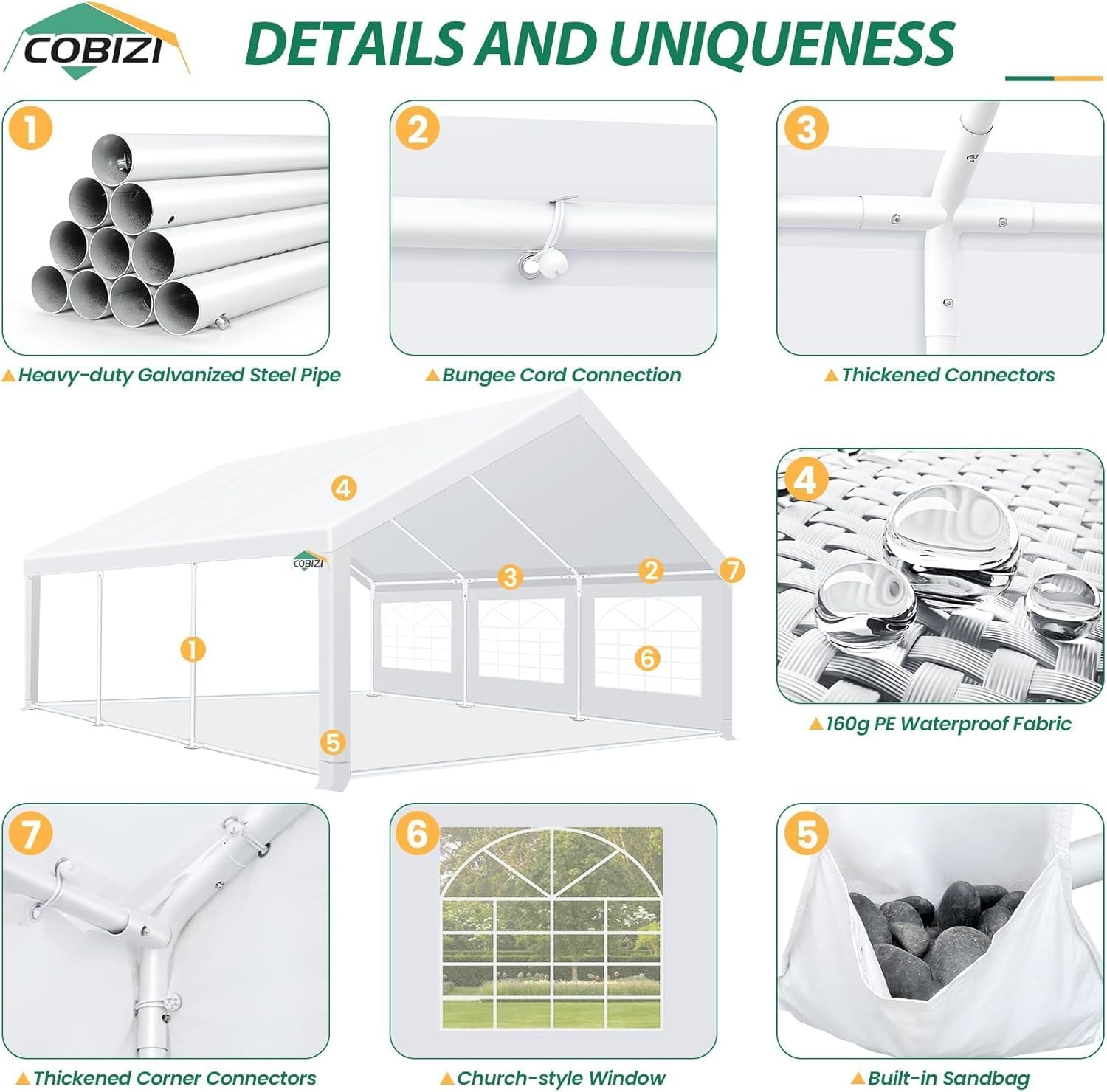 image:imageCOBIZI 20x30 Outdoor Party Tent Heavy Duty Waterproof Canopy Shelter with 8 Sidewalls amp 12 Church Windows White Powder Coating Builtin Sandbag Commercial Event Tents for Parties Wedding Patio BBQWhite