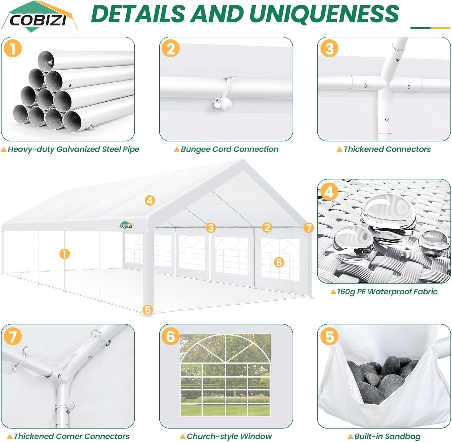image:imageCOBIZI 20x30 Outdoor Party Tent Heavy Duty Waterproof Canopy Shelter with 8 Sidewalls amp 12 Church Windows White Powder Coating Builtin Sandbag Commercial Event Tents for Parties Wedding Patio BBQWhite