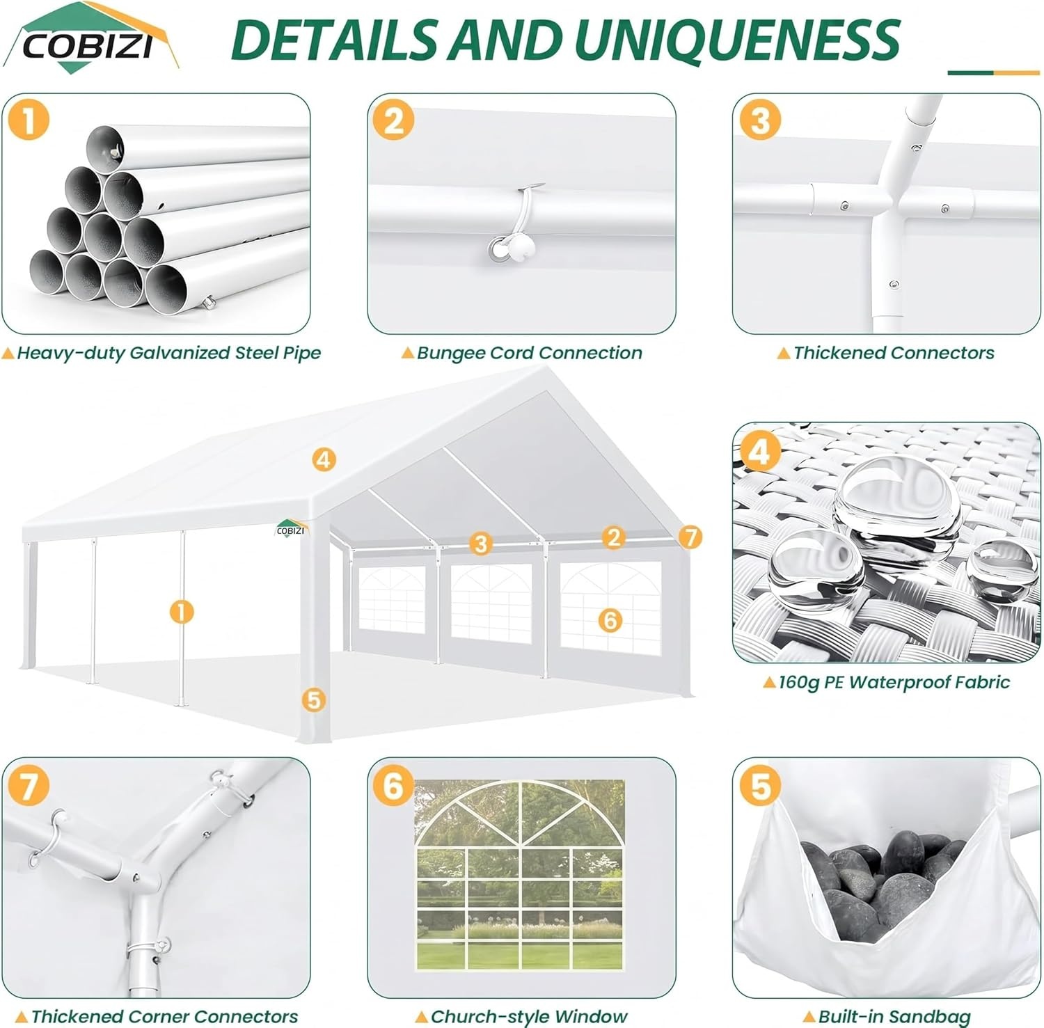 image:imageCOBIZI 20x30 Outdoor Party Tent Heavy Duty Waterproof Canopy Shelter with 8 Sidewalls amp 12 Church Windows White Powder Coating Builtin Sandbag Commercial Event Tents for Parties Wedding Patio BBQWhite