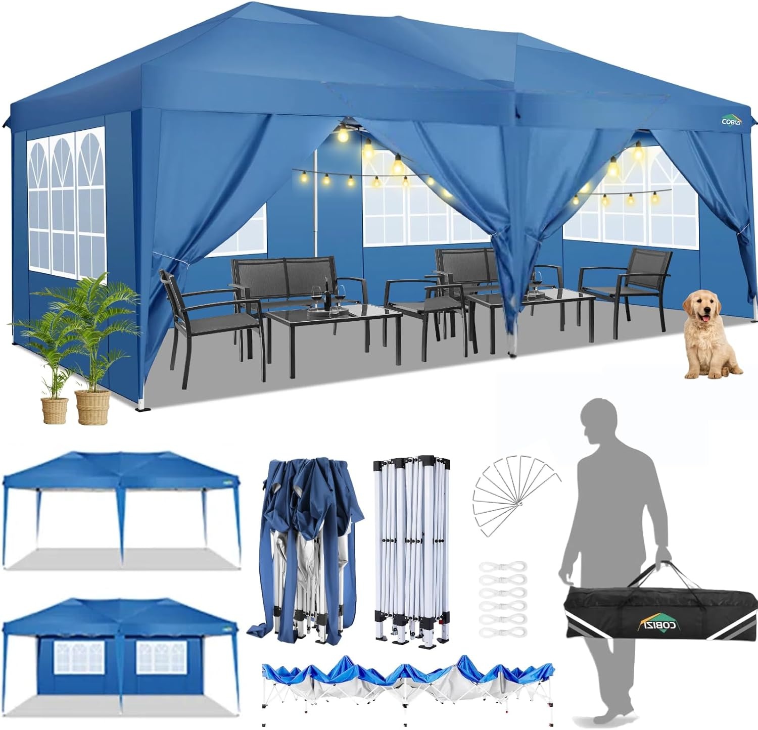 image:imageCOBIZI 20x30 Outdoor Party Tent Heavy Duty Waterproof Canopy Shelter with 8 Sidewalls amp 12 Church Windows White Powder Coating Builtin Sandbag Commercial Event Tents for Parties Wedding Patio BBQBlue