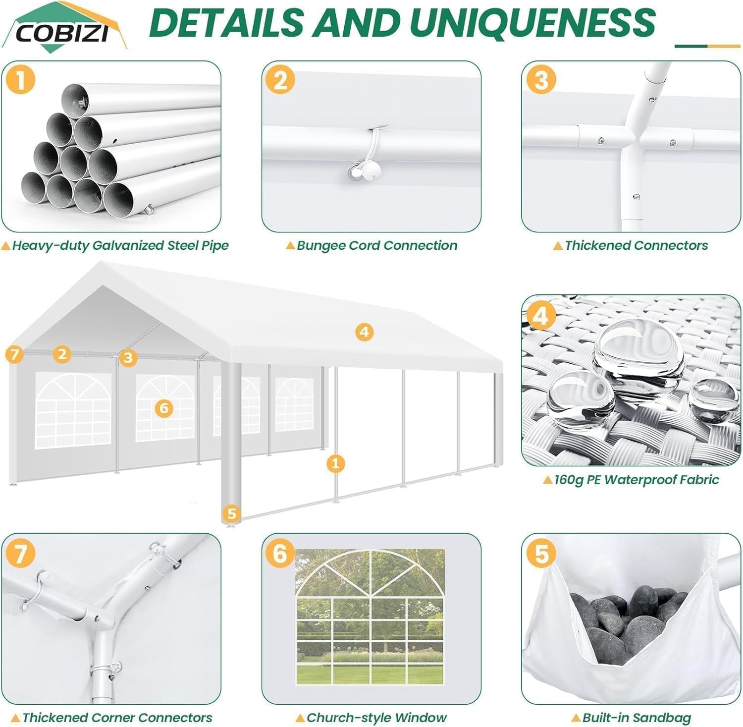 image:imageCOBIZI 20x30 Outdoor Party Tent Heavy Duty Waterproof Canopy Shelter with 8 Sidewalls amp 12 Church Windows White Powder Coating Builtin Sandbag Commercial Event Tents for Parties Wedding Patio BBQWhite