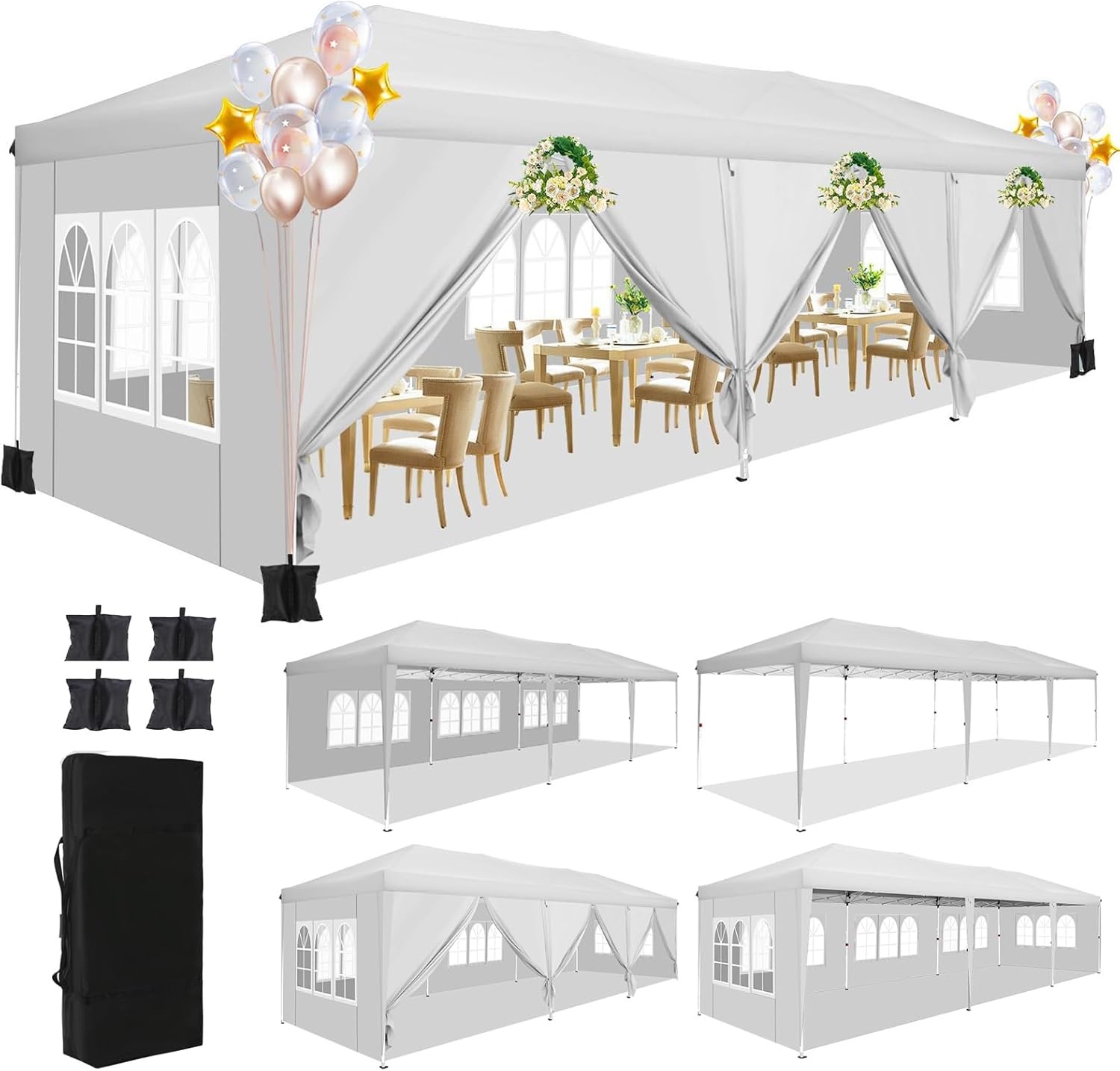 image:imageCOBIZI 20x30 Outdoor Party Tent Heavy Duty Waterproof Canopy Shelter with 8 Sidewalls amp 12 Church Windows White Powder Coating Builtin Sandbag Commercial Event Tents for Parties Wedding Patio BBQWhite