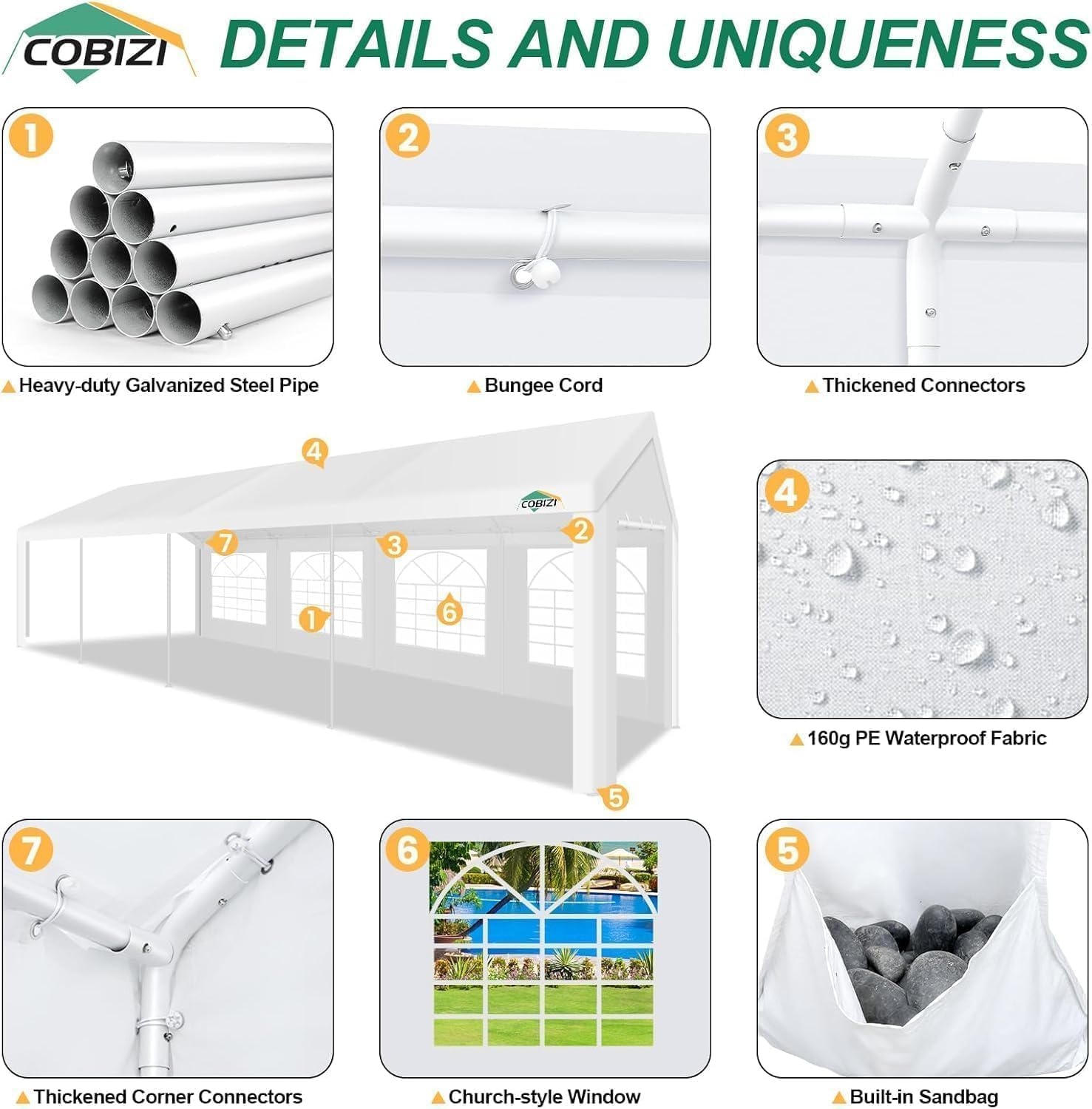 image:imageCOBIZI 20x30 Outdoor Party Tent Heavy Duty Waterproof Canopy Shelter with 8 Sidewalls amp 12 Church Windows White Powder Coating Builtin Sandbag Commercial Event Tents for Parties Wedding Patio BBQWhite