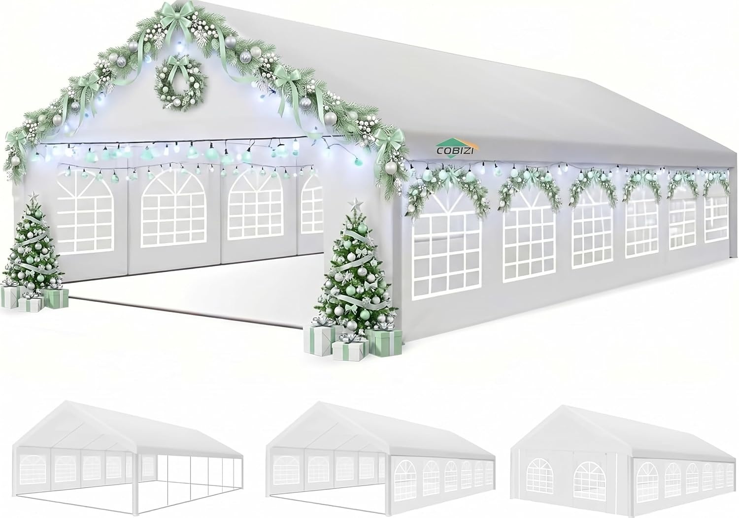 image:imageCOBIZI 20x30 Outdoor Party Tent Heavy Duty Waterproof Canopy Shelter with 8 Sidewalls amp 12 Church Windows White Powder Coating Builtin Sandbag Commercial Event Tents for Parties Wedding Patio BBQWhite