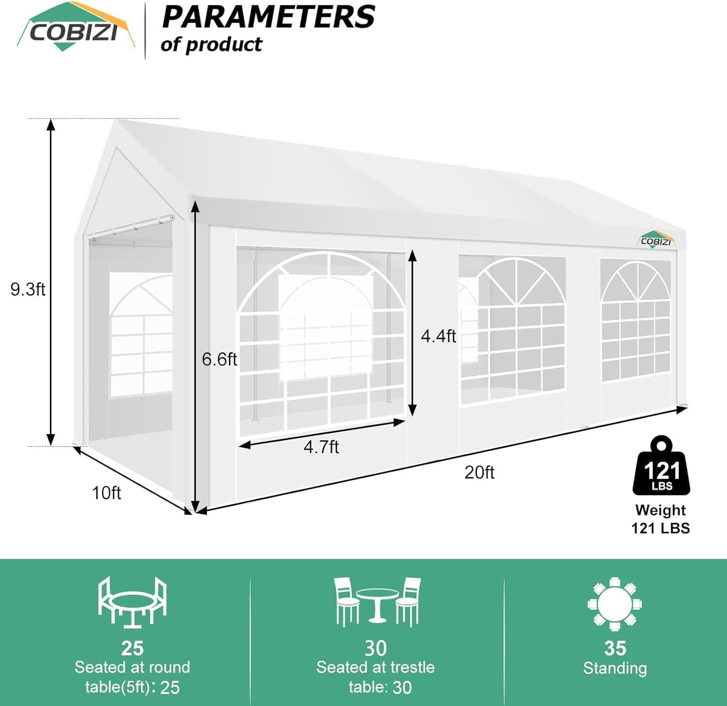 image:imageCOBIZI 20x30 Outdoor Party Tent Heavy Duty Waterproof Canopy Shelter with 8 Sidewalls amp 12 Church Windows White Powder Coating Builtin Sandbag Commercial Event Tents for Parties Wedding Patio BBQWhite