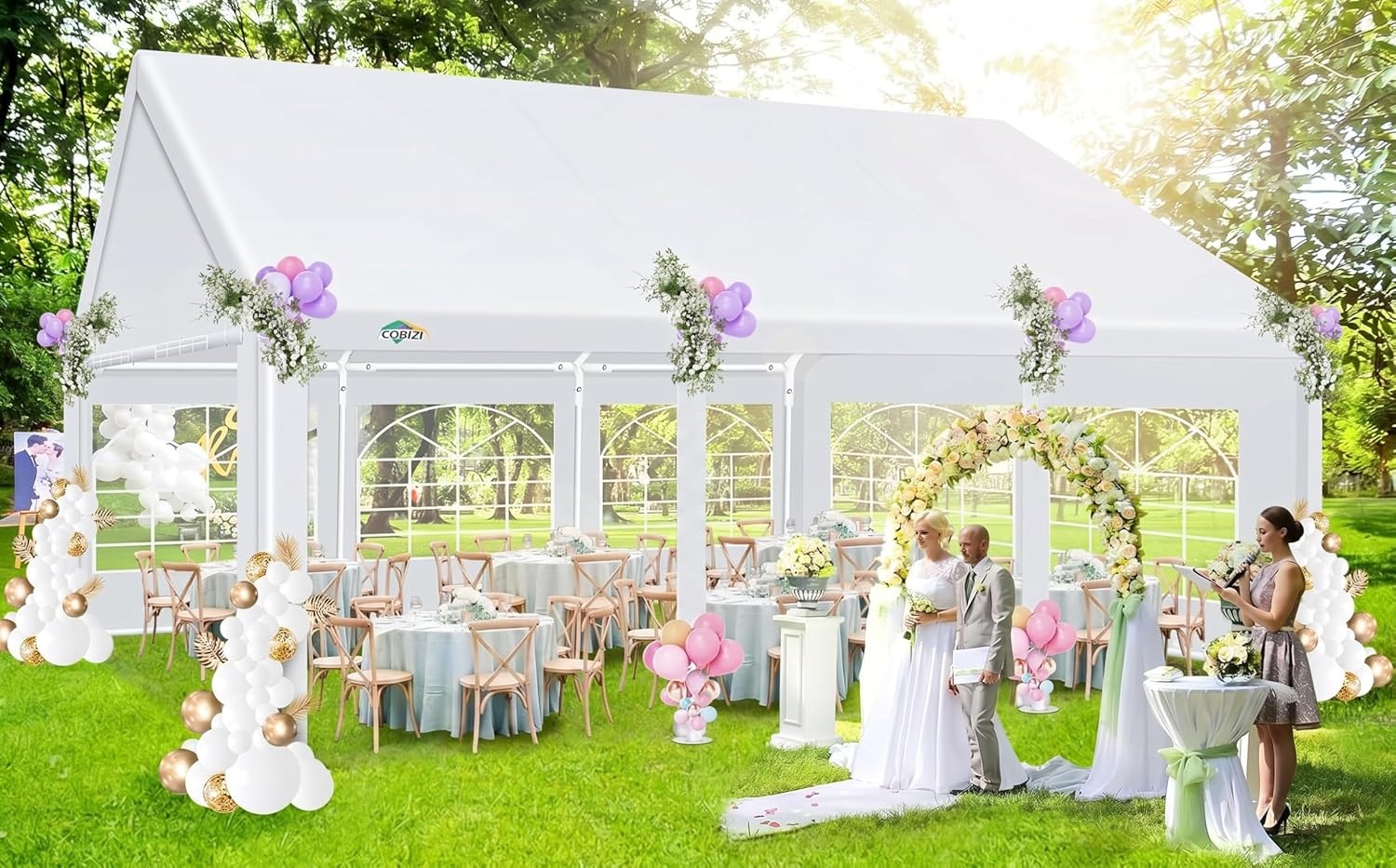 image:imageCOBIZI 20x30 Outdoor Party Tent Heavy Duty Waterproof Canopy Shelter with 8 Sidewalls amp 12 Church Windows White Powder Coating Builtin Sandbag Commercial Event Tents for Parties Wedding Patio BBQWhite