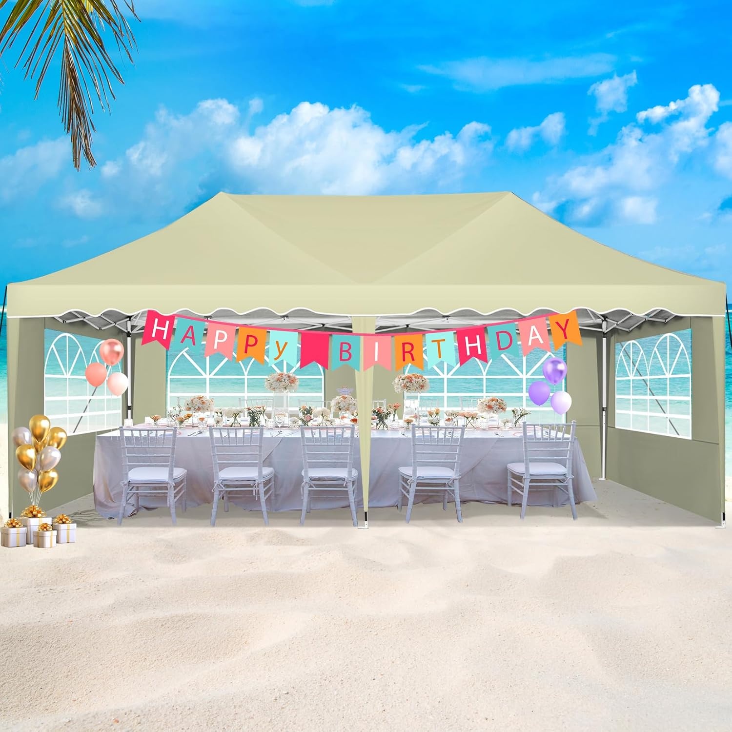 image:imageCOBIZI 20x30 Outdoor Party Tent Heavy Duty Waterproof Canopy Shelter with 8 Sidewalls amp 12 Church Windows White Powder Coating Builtin Sandbag Commercial Event Tents for Parties Wedding Patio BBQKhakiUPF50