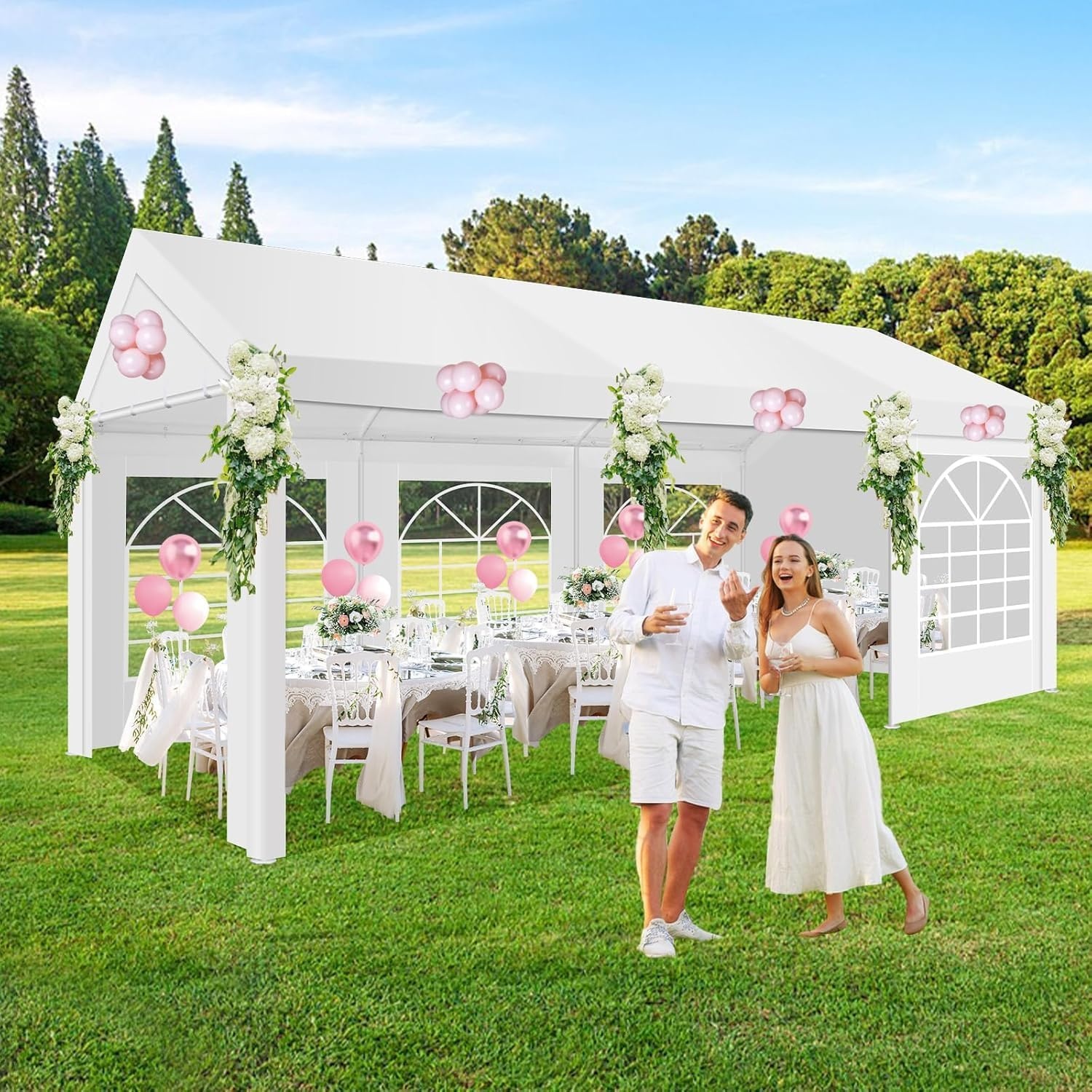 image:imageCOBIZI 20x30 Outdoor Party Tent Heavy Duty Waterproof Canopy Shelter with 8 Sidewalls amp 12 Church Windows White Powder Coating Builtin Sandbag Commercial Event Tents for Parties Wedding Patio BBQWhite