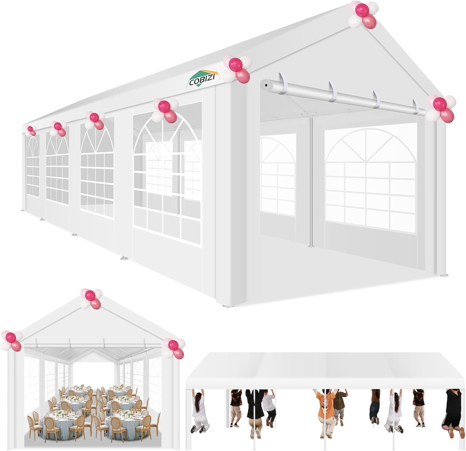 image:imageCOBIZI 20x30 Outdoor Party Tent Heavy Duty Waterproof Canopy Shelter with 8 Sidewalls amp 12 Church Windows White Powder Coating Builtin Sandbag Commercial Event Tents for Parties Wedding Patio BBQWhite