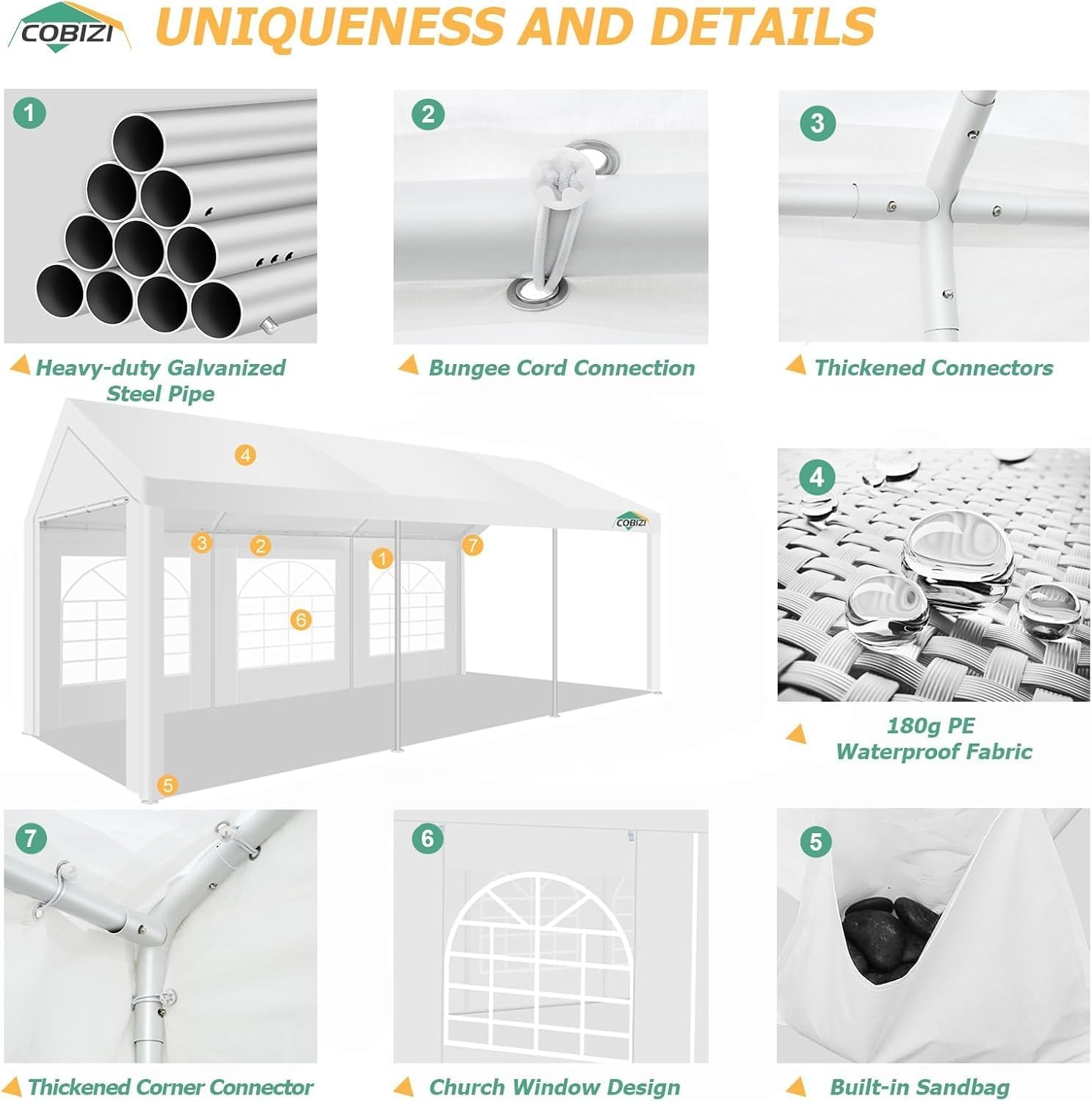 image:imageCOBIZI 20x30 Outdoor Party Tent Heavy Duty Waterproof Canopy Shelter with 8 Sidewalls amp 12 Church Windows White Powder Coating Builtin Sandbag Commercial Event Tents for Parties Wedding Patio BBQWhite
