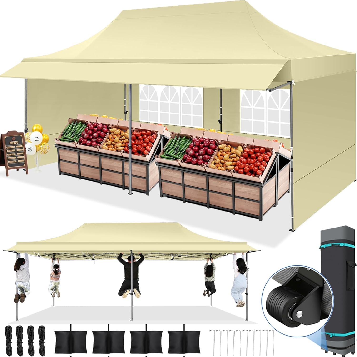 image:imageCOBIZI 20x30 Outdoor Party Tent Heavy Duty Waterproof Canopy Shelter with 8 Sidewalls amp 12 Church Windows White Powder Coating Builtin Sandbag Commercial Event Tents for Parties Wedding Patio BBQKhaki