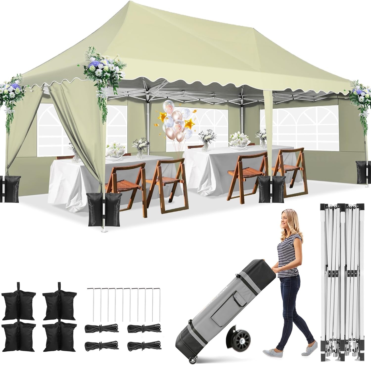 image:imageCOBIZI 20x30 Outdoor Party Tent Heavy Duty Waterproof Canopy Shelter with 8 Sidewalls amp 12 Church Windows White Powder Coating Builtin Sandbag Commercial Event Tents for Parties Wedding Patio BBQKhakiUPF50