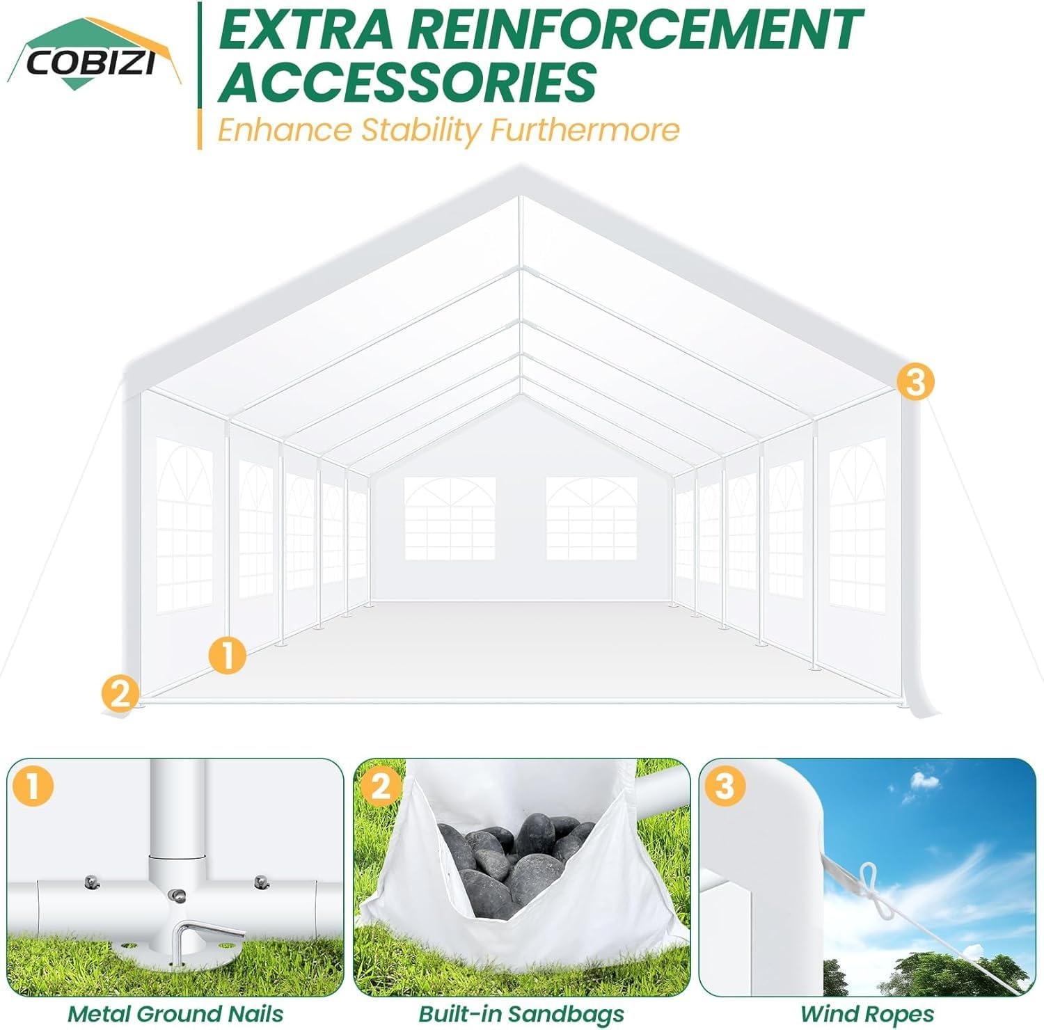 image:imageCOBIZI 20x30 Outdoor Party Tent Heavy Duty Waterproof Canopy Shelter with 8 Sidewalls amp 12 Church Windows White Powder Coating Builtin Sandbag Commercial Event Tents for Parties Wedding Patio BBQWhite