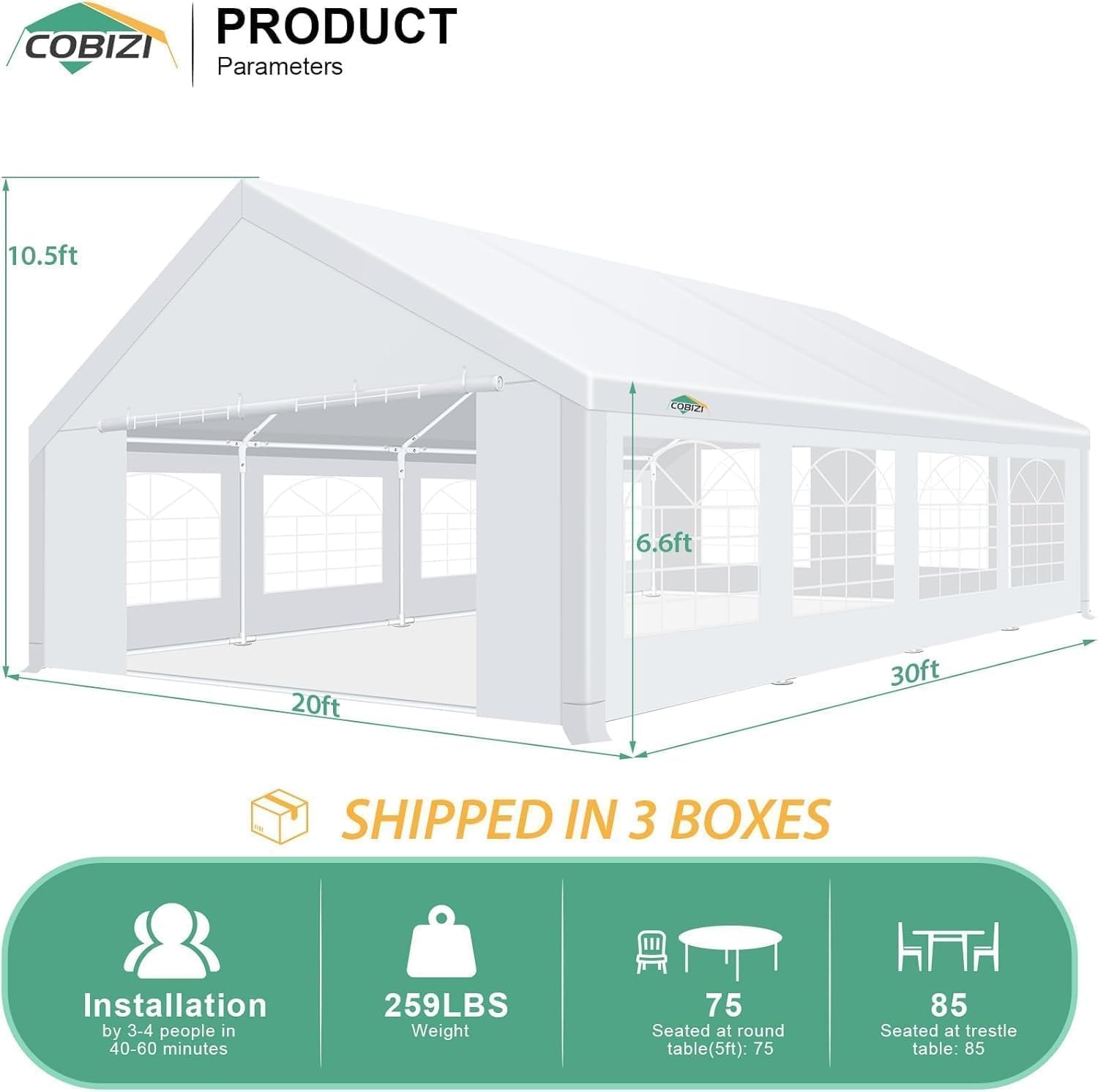 image:imageCOBIZI 20x30FT Party Tent Heavy Duty for Parties Outdoor Gazebo White Event Shelter Wedding Canopy BBQ Carport Commercial with Removable Sidewall Windows Powder Coating Better Than Galvanized