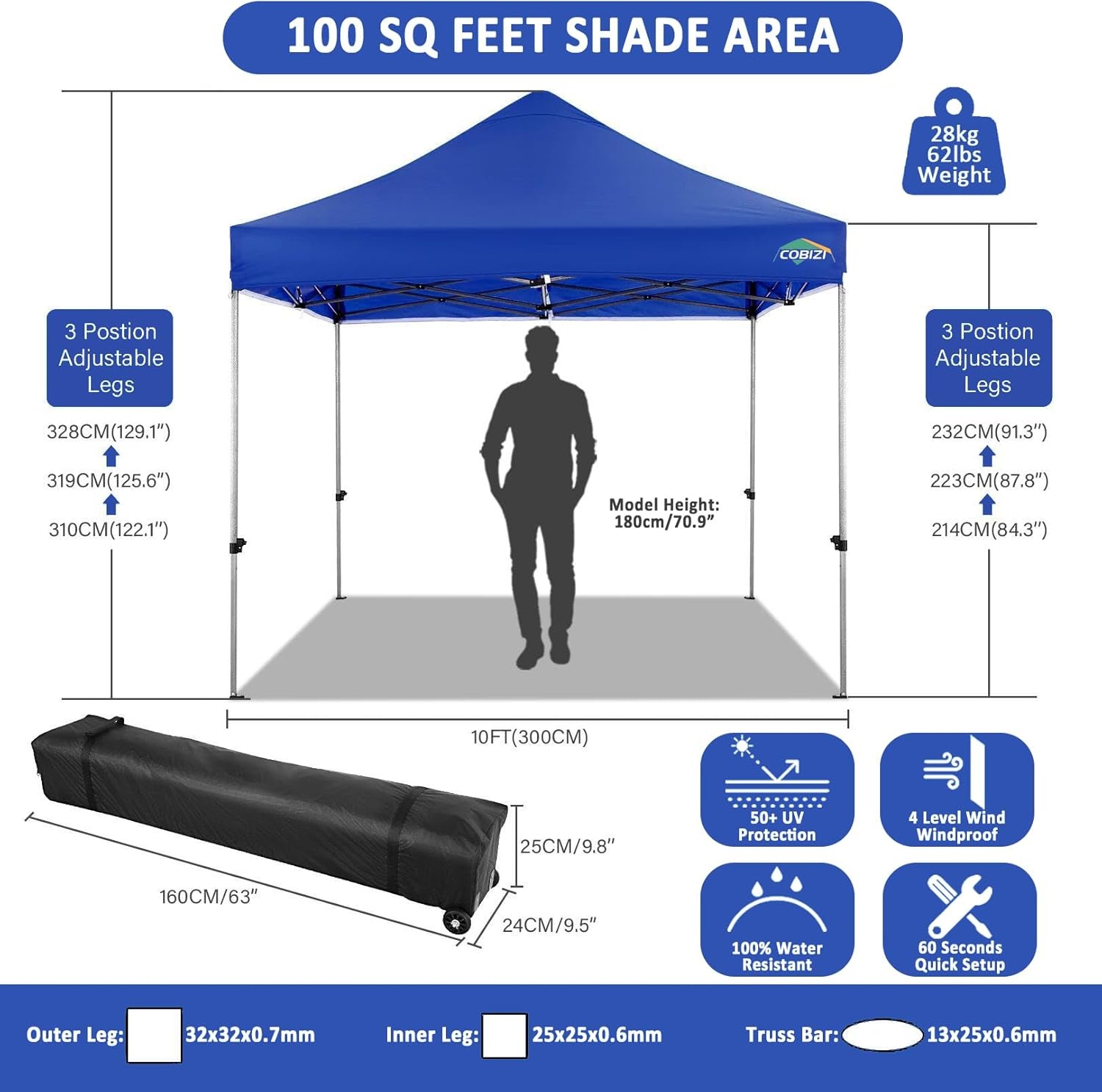image:imageCOBIZI 66x66 Pop up Canopy Tent 66x66 Canopy No Sidewall Waterproof Heavy Duty Commercial for Parties Outdoor Garden Gazebo Tent Carry Bag with Wheel66x66ft No Sidewalls BlackDark Blue