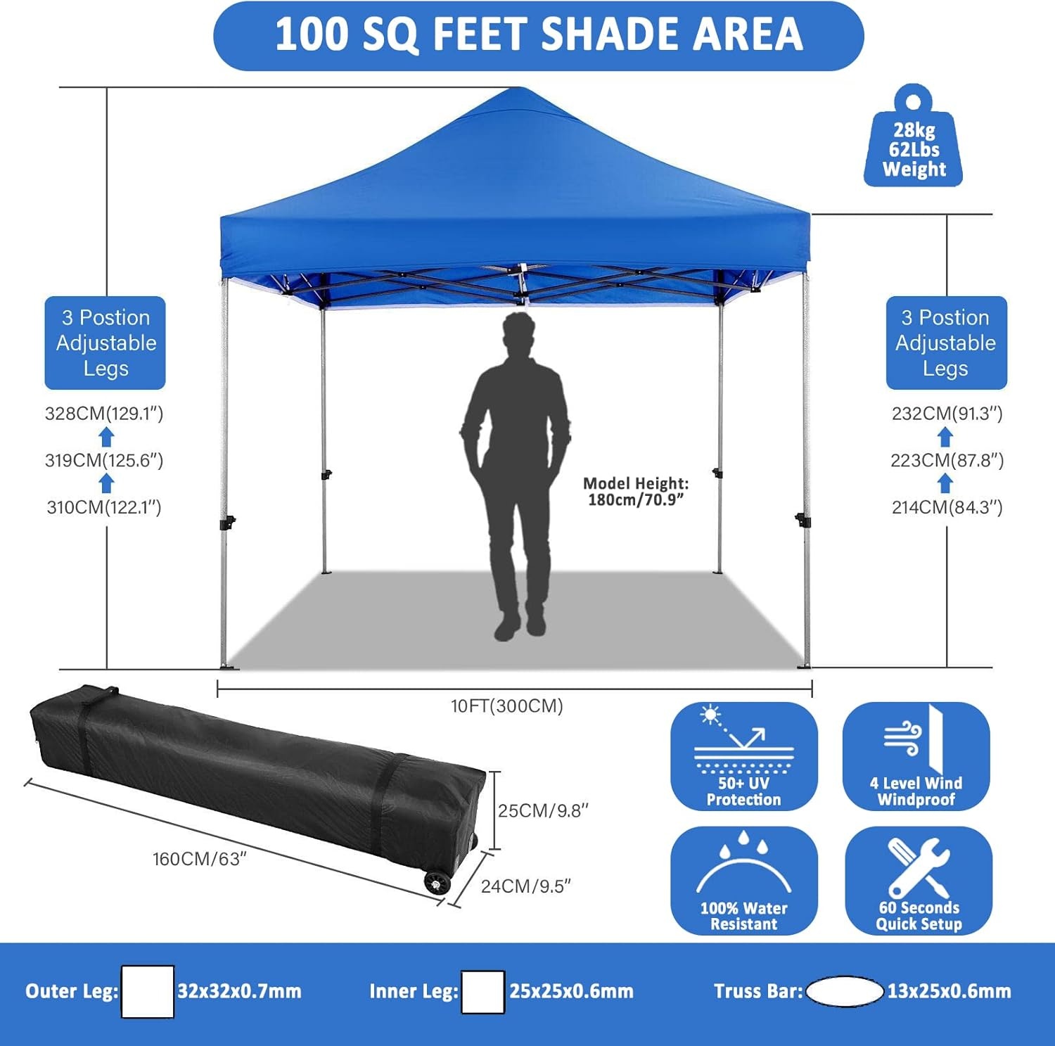image:imageCOBIZI 66x66 Pop up Canopy Tent 66x66 Canopy No Sidewall Waterproof Heavy Duty Commercial for Parties Outdoor Garden Gazebo Tent Carry Bag with Wheel66x66ft No Sidewalls BlackBlue