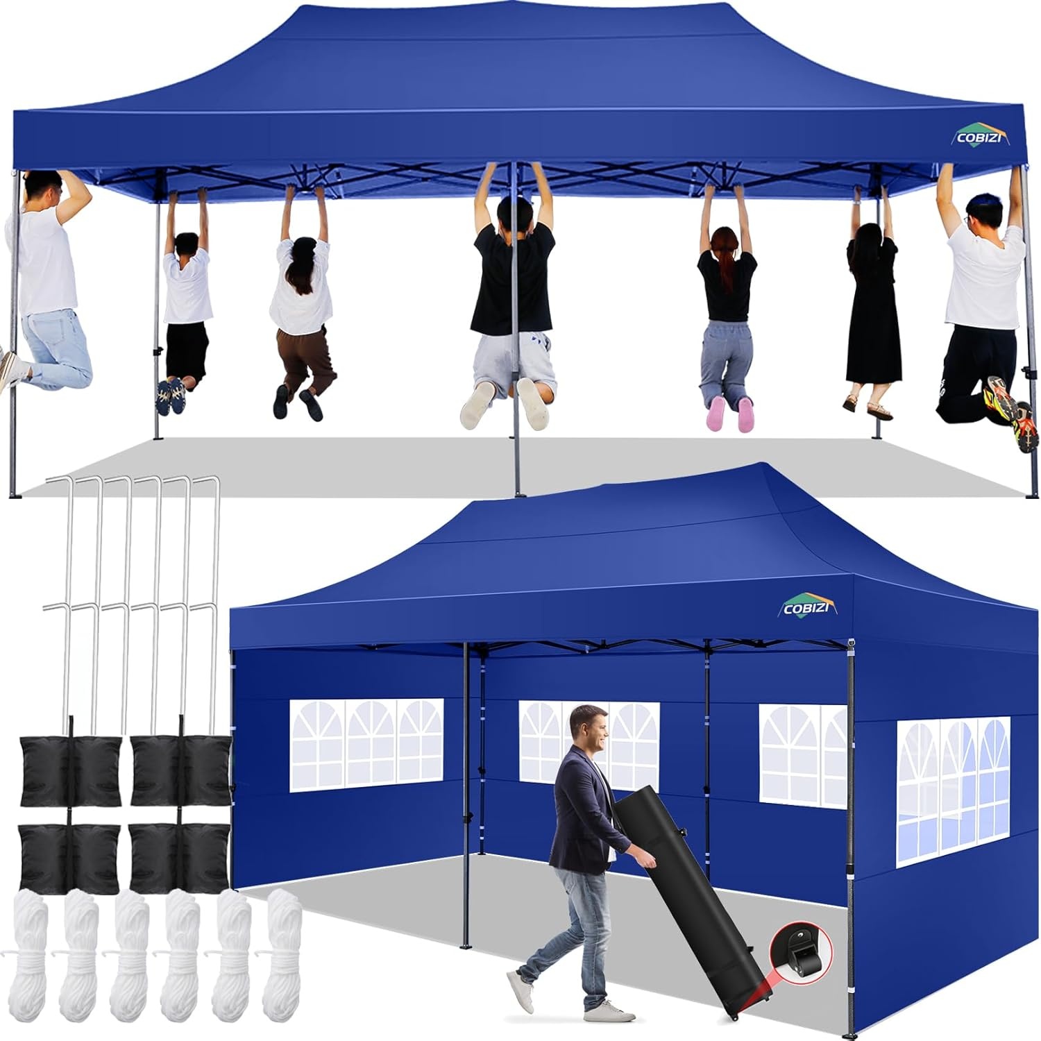 image:imageCOBIZI 66x66 Pop up Canopy Tent 66x66 Canopy No Sidewall Waterproof Heavy Duty Commercial for Parties Outdoor Garden Gazebo Tent Carry Bag with Wheel66x66ft No Sidewalls BlackDark Blue
