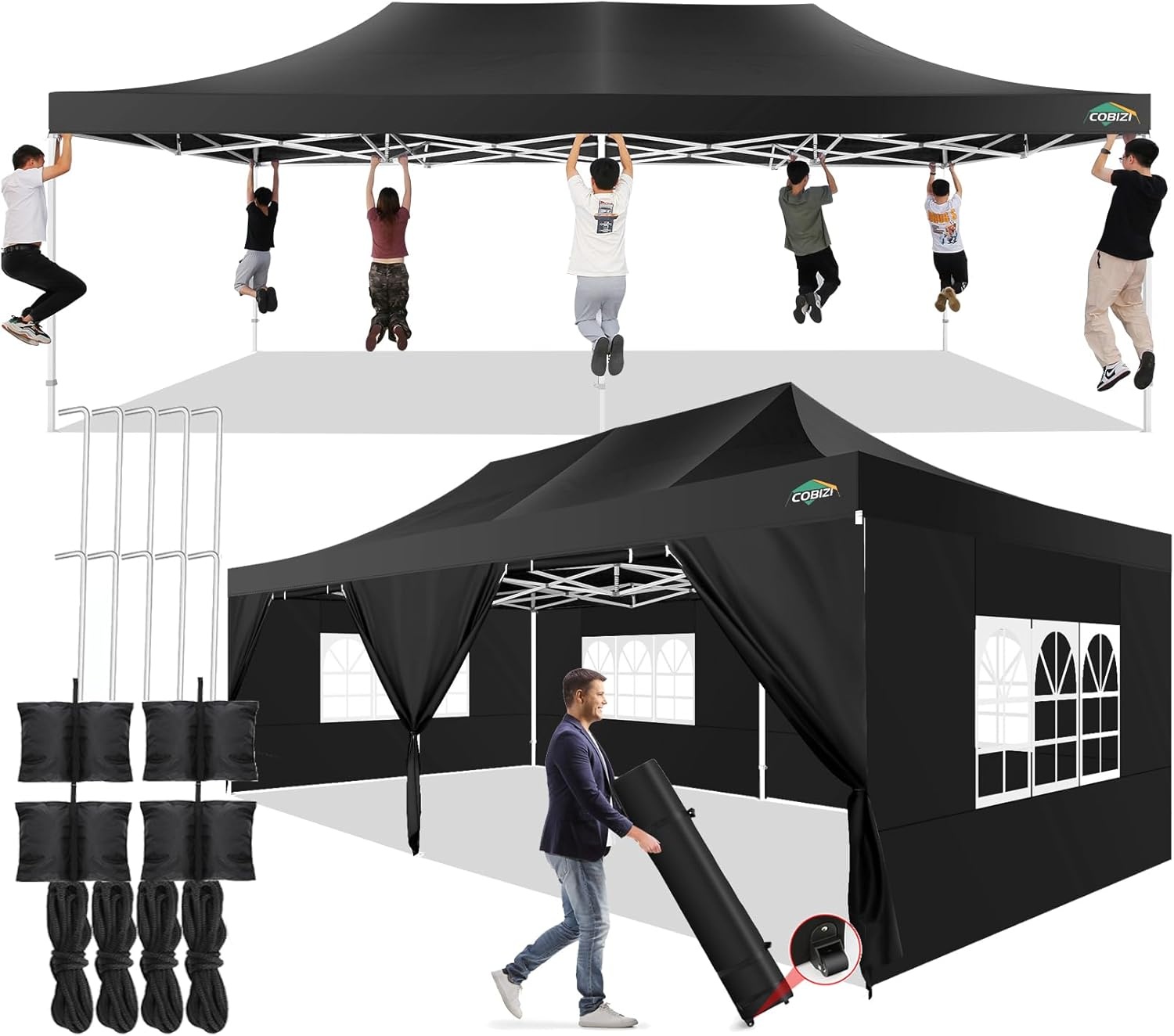 image:imageCOBIZI 66x66 Pop up Canopy Tent 66x66 Canopy No Sidewall Waterproof Heavy Duty Commercial for Parties Outdoor Garden Gazebo Tent Carry Bag with Wheel66x66ft No Sidewalls BlackBlack