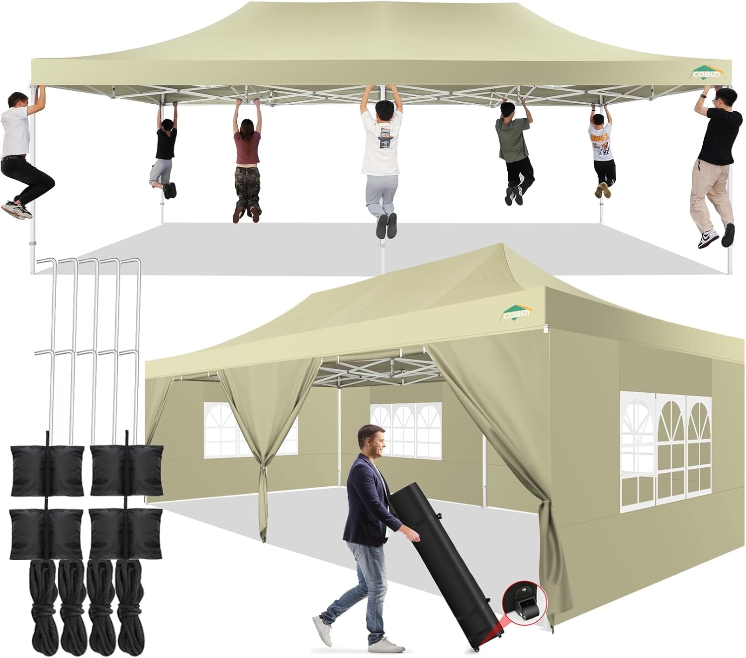 image:imageCOBIZI 66x66 Pop up Canopy Tent 66x66 Canopy No Sidewall Waterproof Heavy Duty Commercial for Parties Outdoor Garden Gazebo Tent Carry Bag with Wheel66x66ft No Sidewalls BlackKhaki