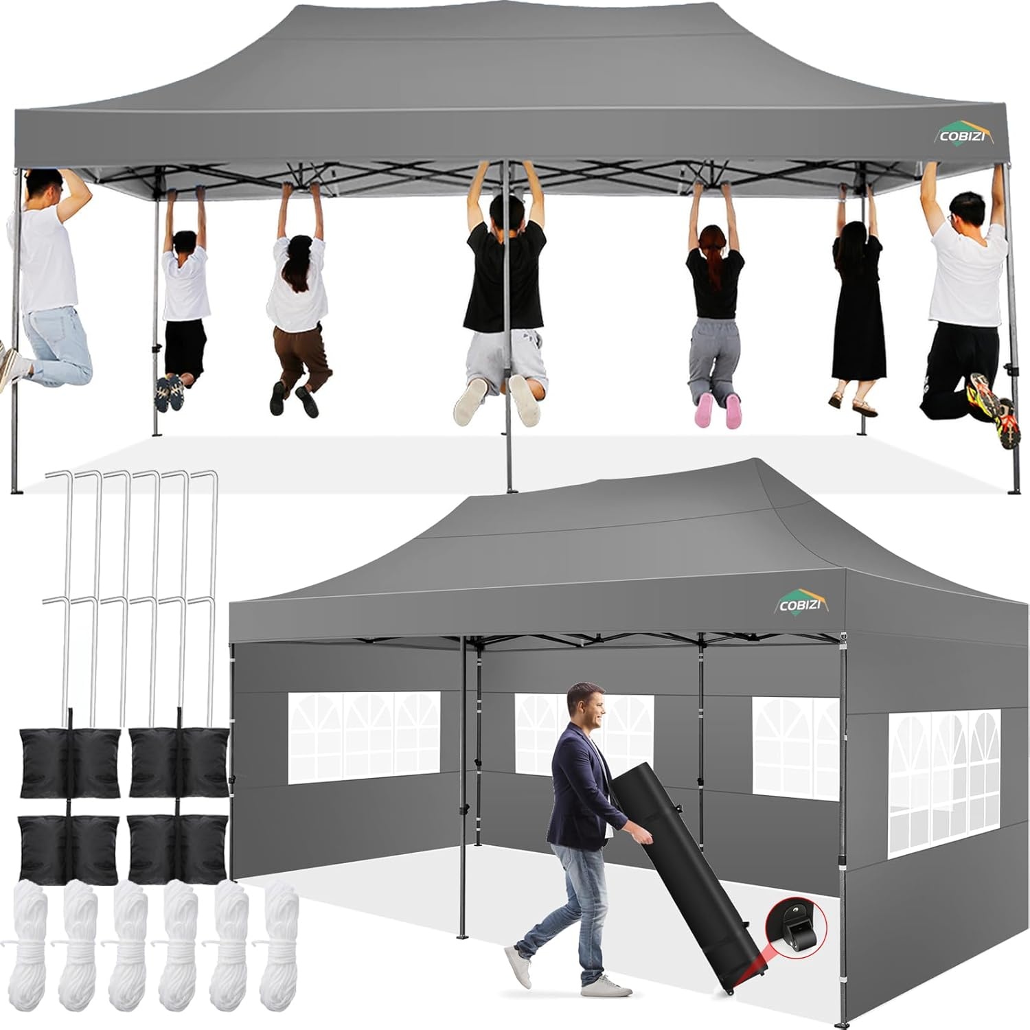 image:imageCOBIZI 66x66 Pop up Canopy Tent 66x66 Canopy No Sidewall Waterproof Heavy Duty Commercial for Parties Outdoor Garden Gazebo Tent Carry Bag with Wheel66x66ft No Sidewalls BlackGray