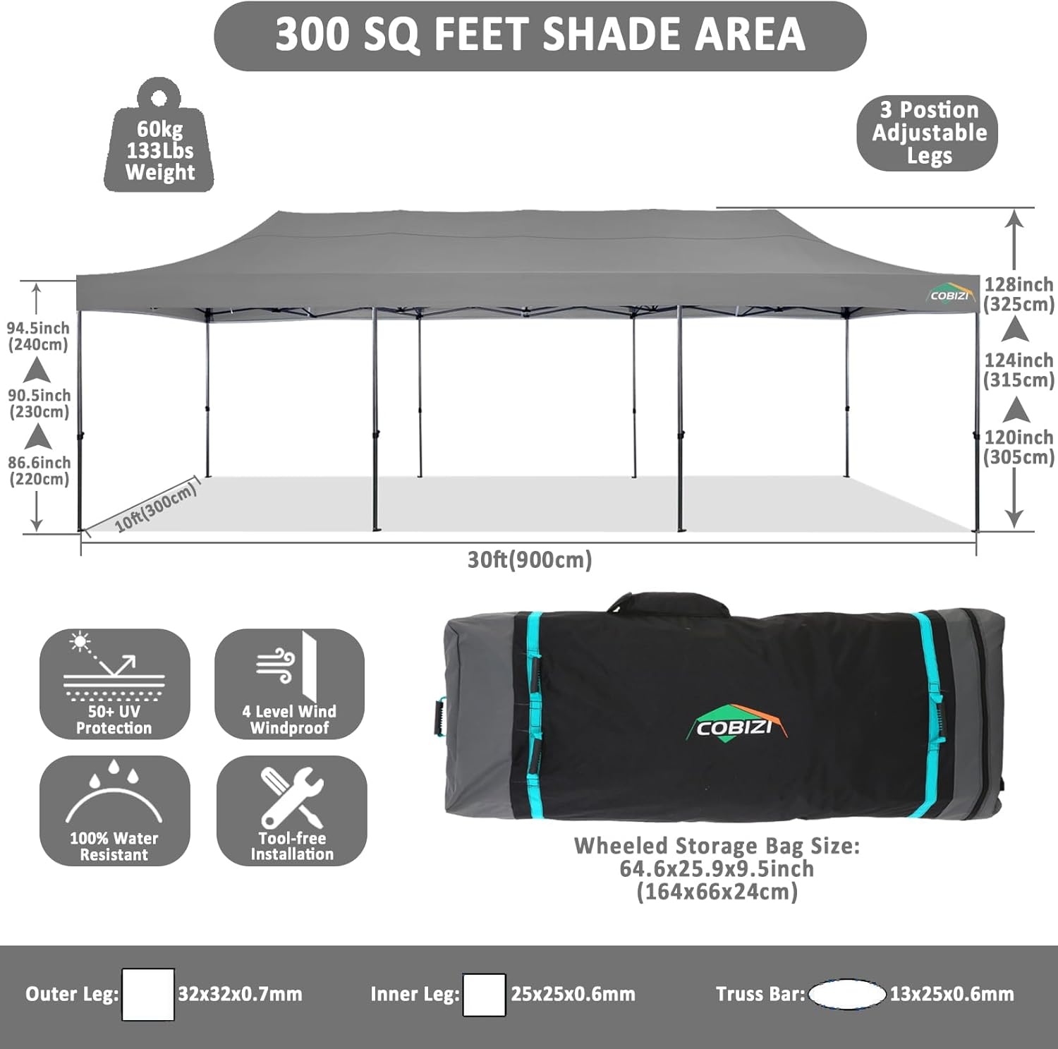 image:imageCOBIZI 66x66 Pop up Canopy Tent 66x66 Canopy No Sidewall Waterproof Heavy Duty Commercial for Parties Outdoor Garden Gazebo Tent Carry Bag with Wheel66x66ft No Sidewalls BlackGray