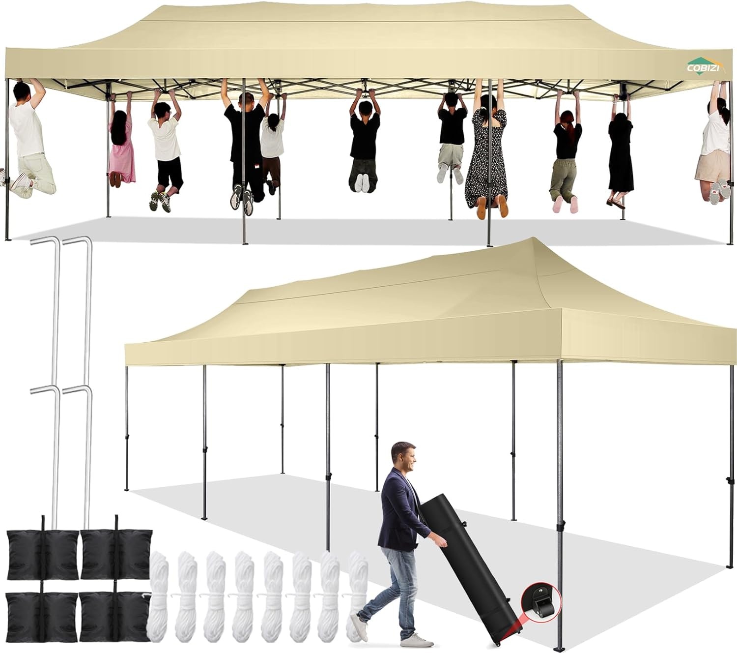 image:imageCOBIZI 66x66 Pop up Canopy Tent 66x66 Canopy No Sidewall Waterproof Heavy Duty Commercial for Parties Outdoor Garden Gazebo Tent Carry Bag with Wheel66x66ft No Sidewalls BlackKhaki