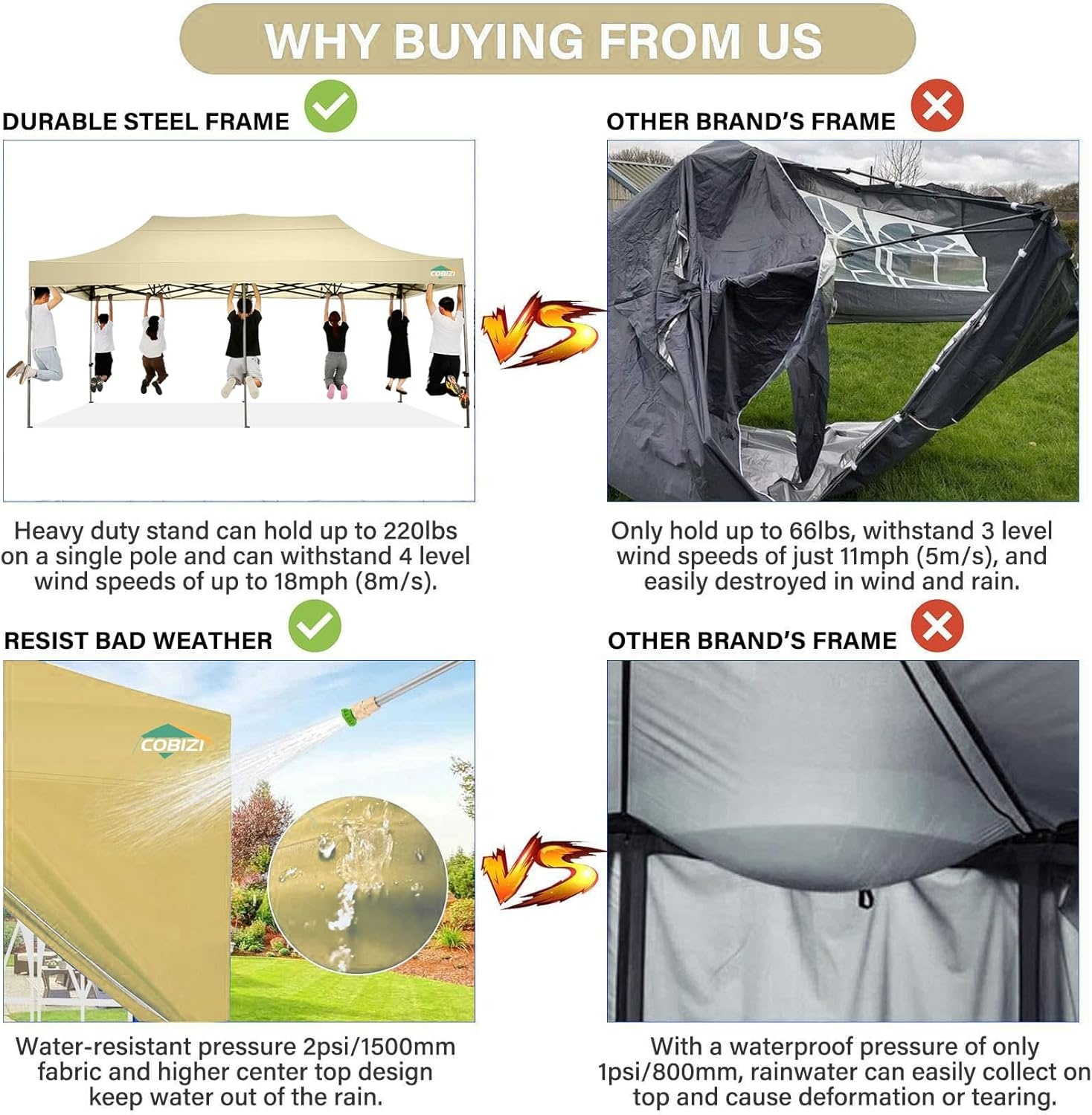 image:imageCOBIZI 66x66 Pop up Canopy Tent 66x66 Canopy No Sidewall Waterproof Heavy Duty Commercial for Parties Outdoor Garden Gazebo Tent Carry Bag with Wheel66x66ft No Sidewalls BlackKhaki