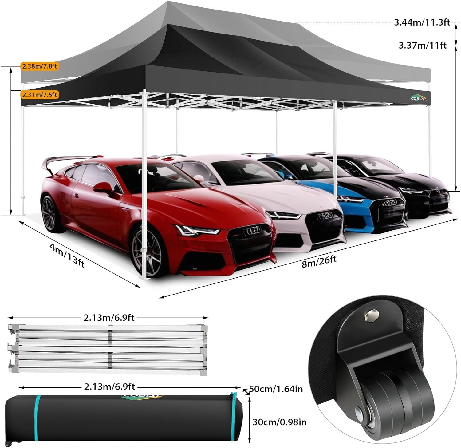 image:imageCOBIZI 66x66 Pop up Canopy Tent 66x66 Canopy No Sidewall Waterproof Heavy Duty Commercial for Parties Outdoor Garden Gazebo Tent Carry Bag with Wheel66x66ft No Sidewalls BlackBlack