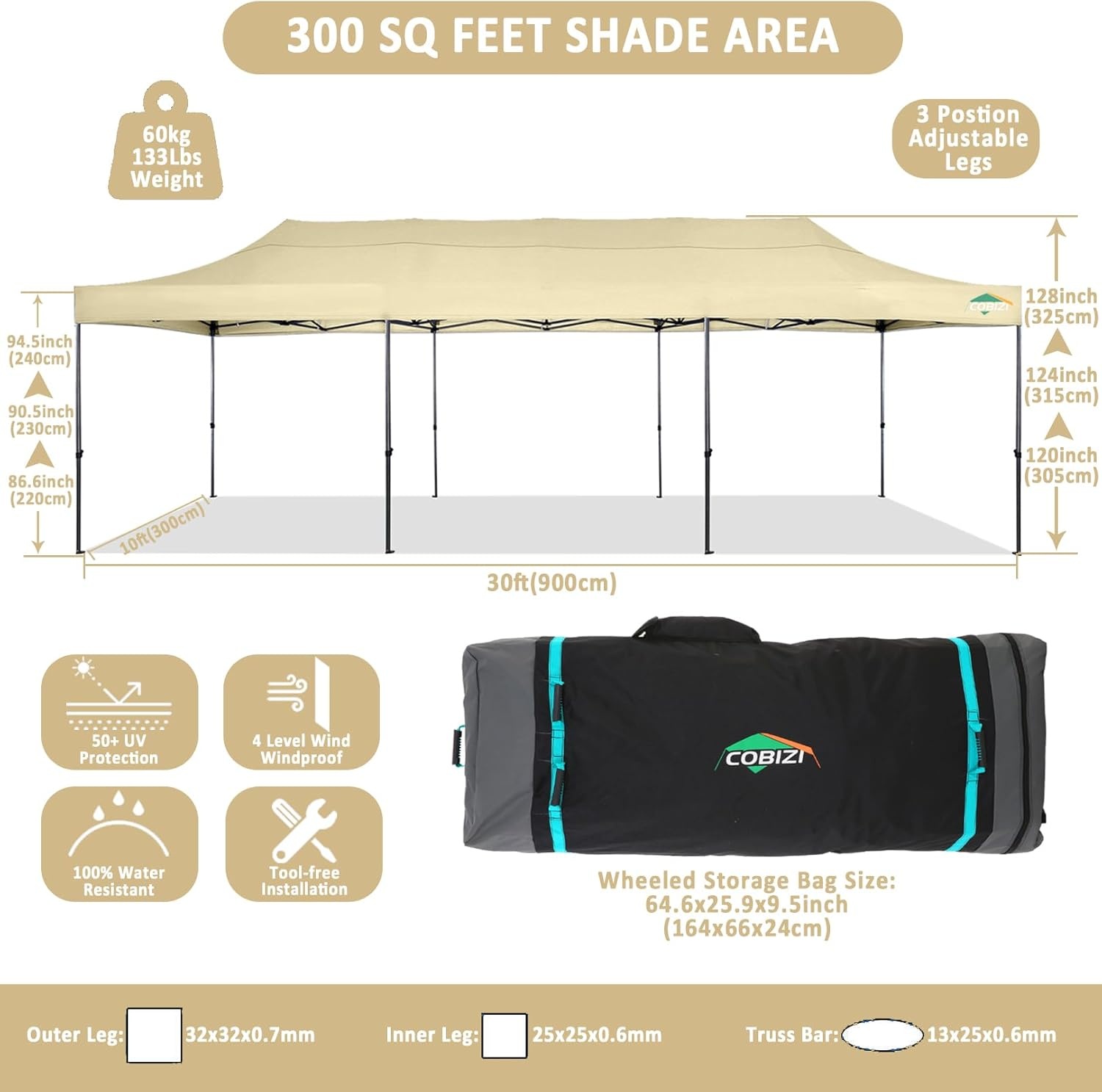 image:imageCOBIZI 66x66 Pop up Canopy Tent 66x66 Canopy No Sidewall Waterproof Heavy Duty Commercial for Parties Outdoor Garden Gazebo Tent Carry Bag with Wheel66x66ft No Sidewalls BlackKhaki