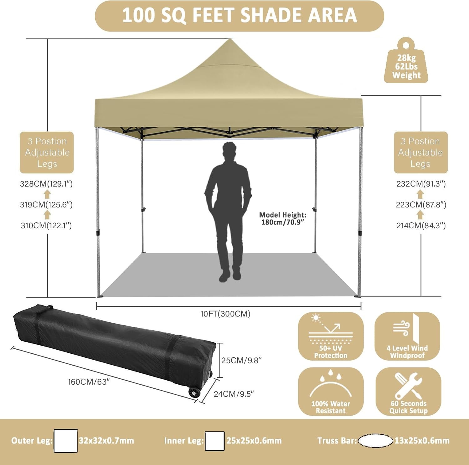 image:imageCOBIZI 66x66 Pop up Canopy Tent 66x66 Canopy No Sidewall Waterproof Heavy Duty Commercial for Parties Outdoor Garden Gazebo Tent Carry Bag with Wheel66x66ft No Sidewalls BlackKhaki