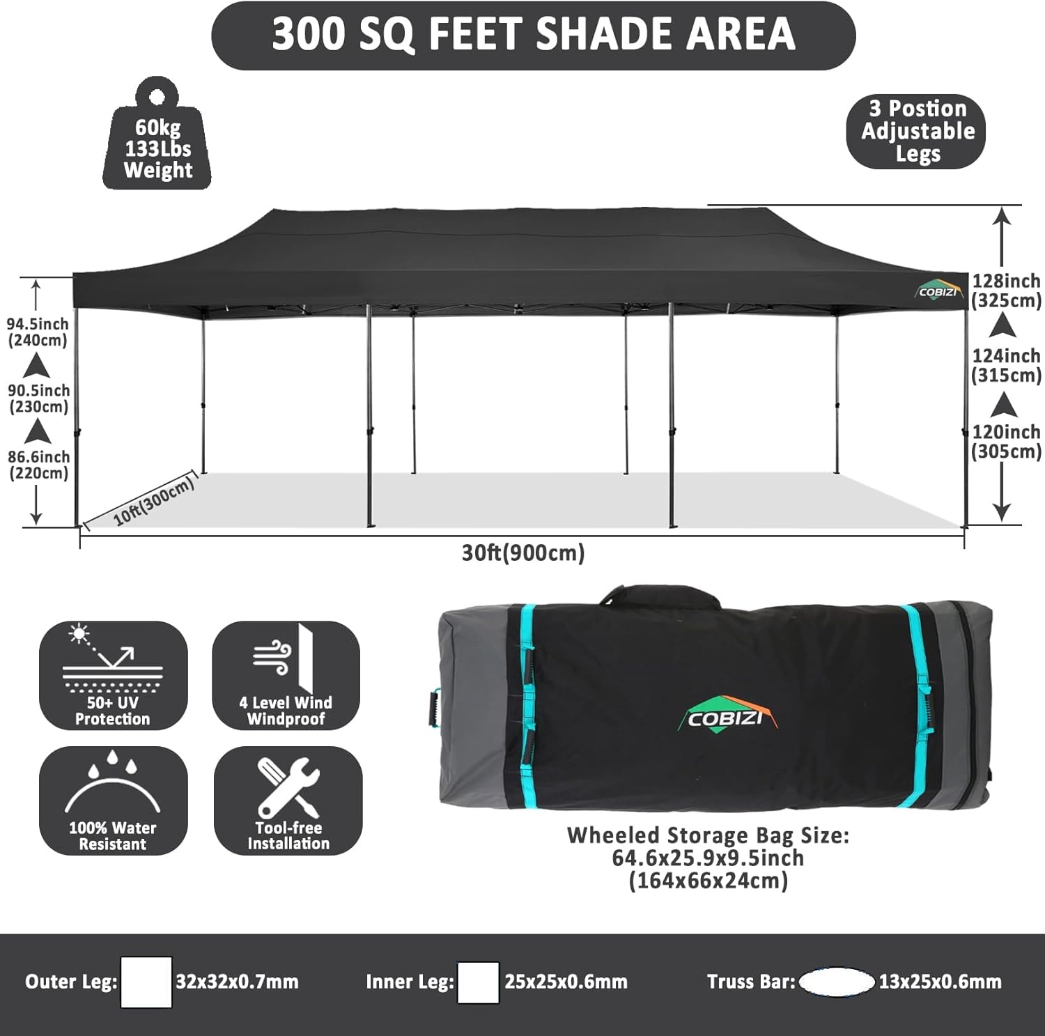 image:imageCOBIZI 66x66 Pop up Canopy Tent 66x66 Canopy No Sidewall Waterproof Heavy Duty Commercial for Parties Outdoor Garden Gazebo Tent Carry Bag with Wheel66x66ft No Sidewalls BlackBlack