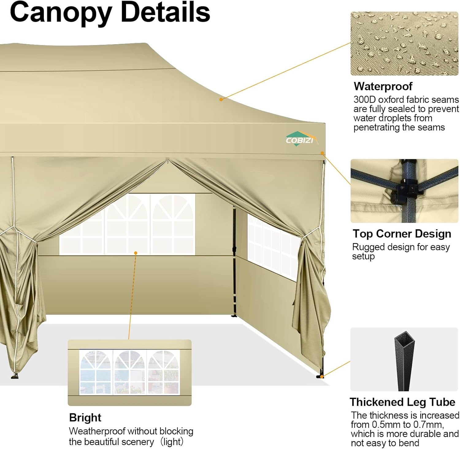 image:imageCOBIZI 66x66 Pop up Canopy Tent 66x66 Canopy No Sidewall Waterproof Heavy Duty Commercial for Parties Outdoor Garden Gazebo Tent Carry Bag with Wheel66x66ft No Sidewalls BlackKhaki