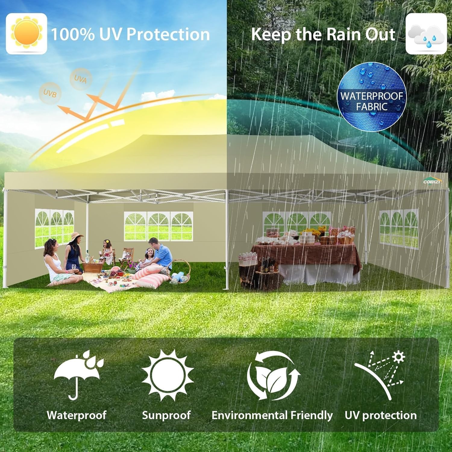 image:imageCOBIZI 66x66 Pop up Canopy Tent 66x66 Canopy No Sidewall Waterproof Heavy Duty Commercial for Parties Outdoor Garden Gazebo Tent Carry Bag with Wheel66x66ft No Sidewalls BlackKhaki