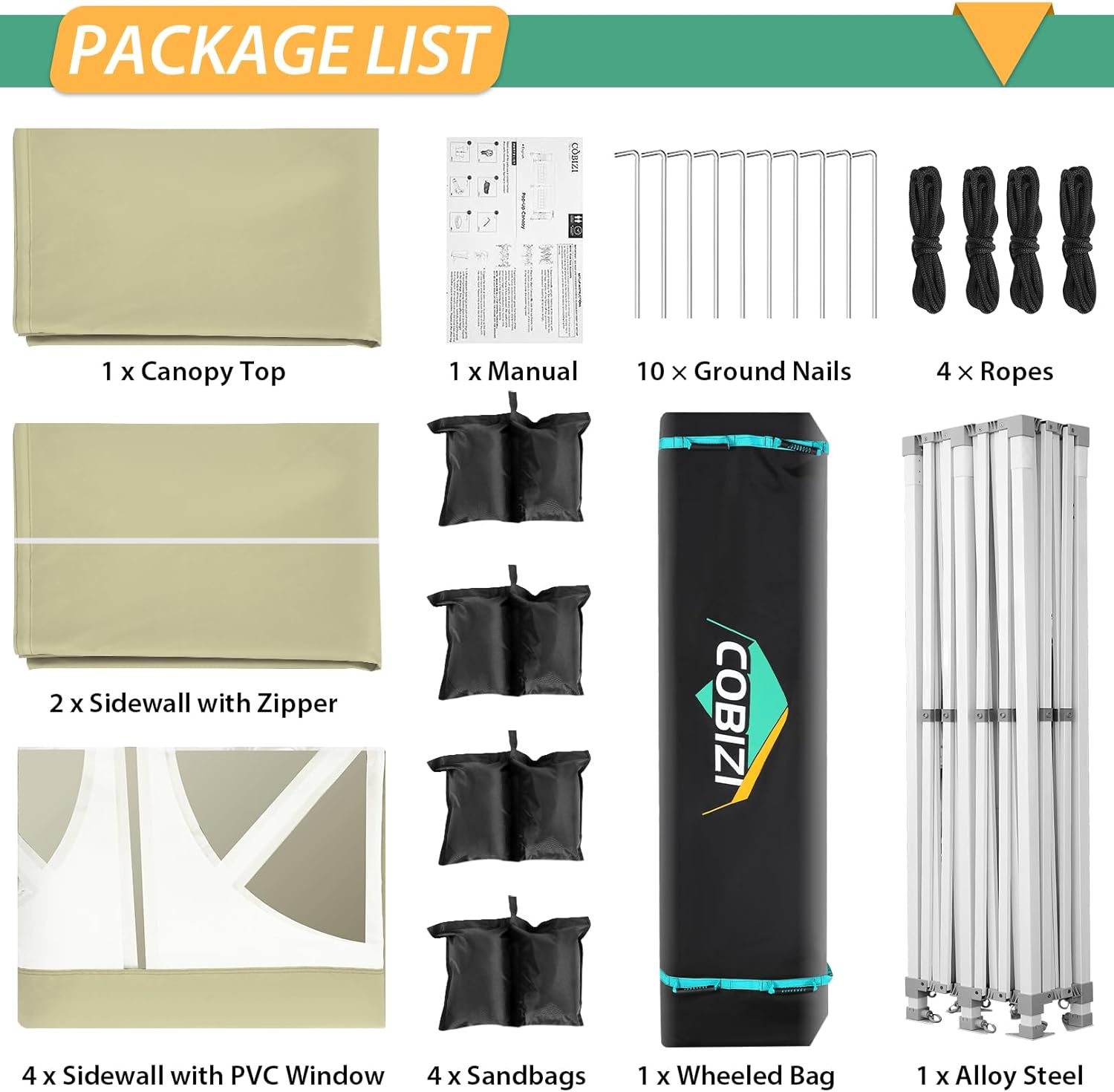 image:imageCOBIZI 66x66 Pop up Canopy Tent 66x66 Canopy No Sidewall Waterproof Heavy Duty Commercial for Parties Outdoor Garden Gazebo Tent Carry Bag with Wheel66x66ft No Sidewalls BlackKhaki