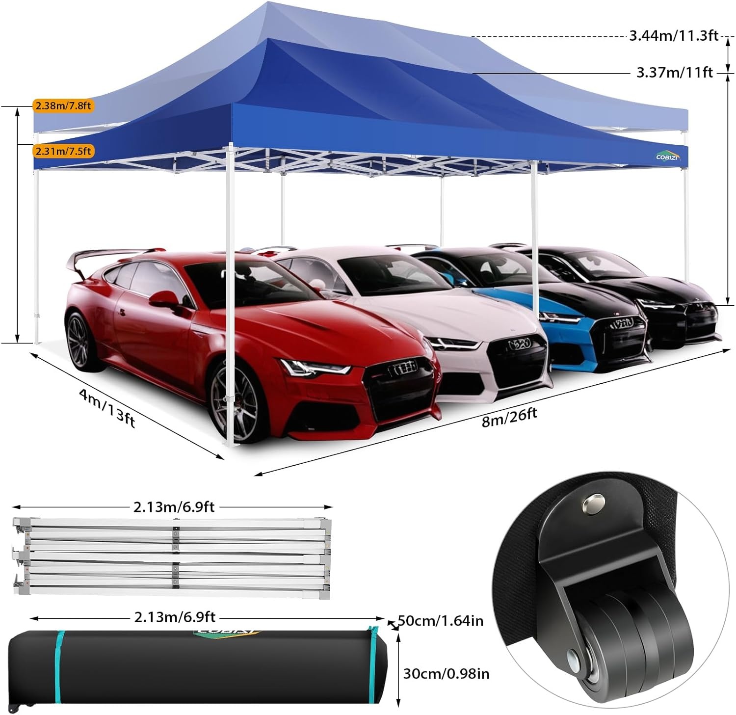 image:imageCOBIZI 66x66 Pop up Canopy Tent 66x66 Canopy No Sidewall Waterproof Heavy Duty Commercial for Parties Outdoor Garden Gazebo Tent Carry Bag with Wheel66x66ft No Sidewalls BlackDark Blue
