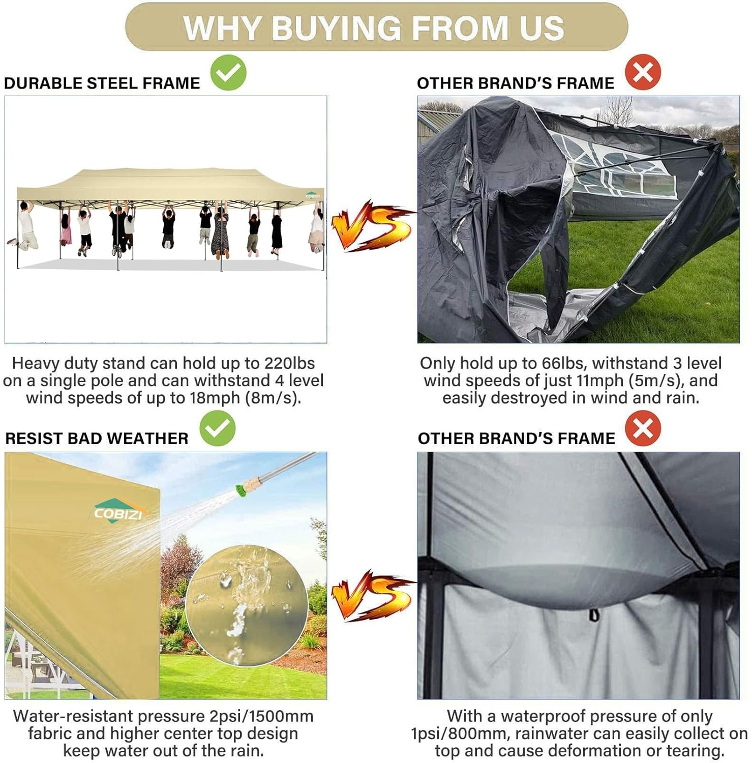 image:imageCOBIZI 66x66 Pop up Canopy Tent 66x66 Canopy No Sidewall Waterproof Heavy Duty Commercial for Parties Outdoor Garden Gazebo Tent Carry Bag with Wheel66x66ft No Sidewalls BlackKhaki