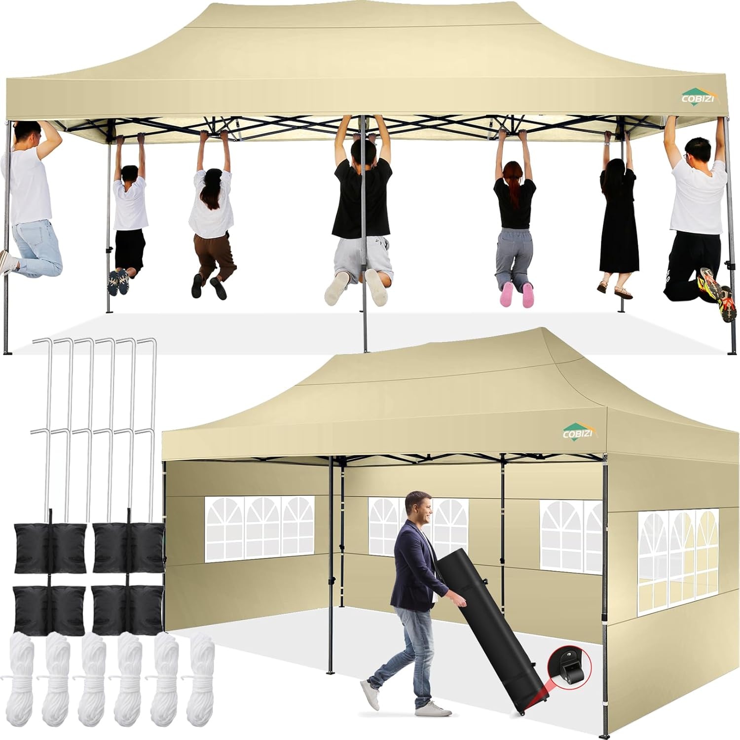 image:imageCOBIZI 66x66 Pop up Canopy Tent 66x66 Canopy No Sidewall Waterproof Heavy Duty Commercial for Parties Outdoor Garden Gazebo Tent Carry Bag with Wheel66x66ft No Sidewalls BlackKhaki