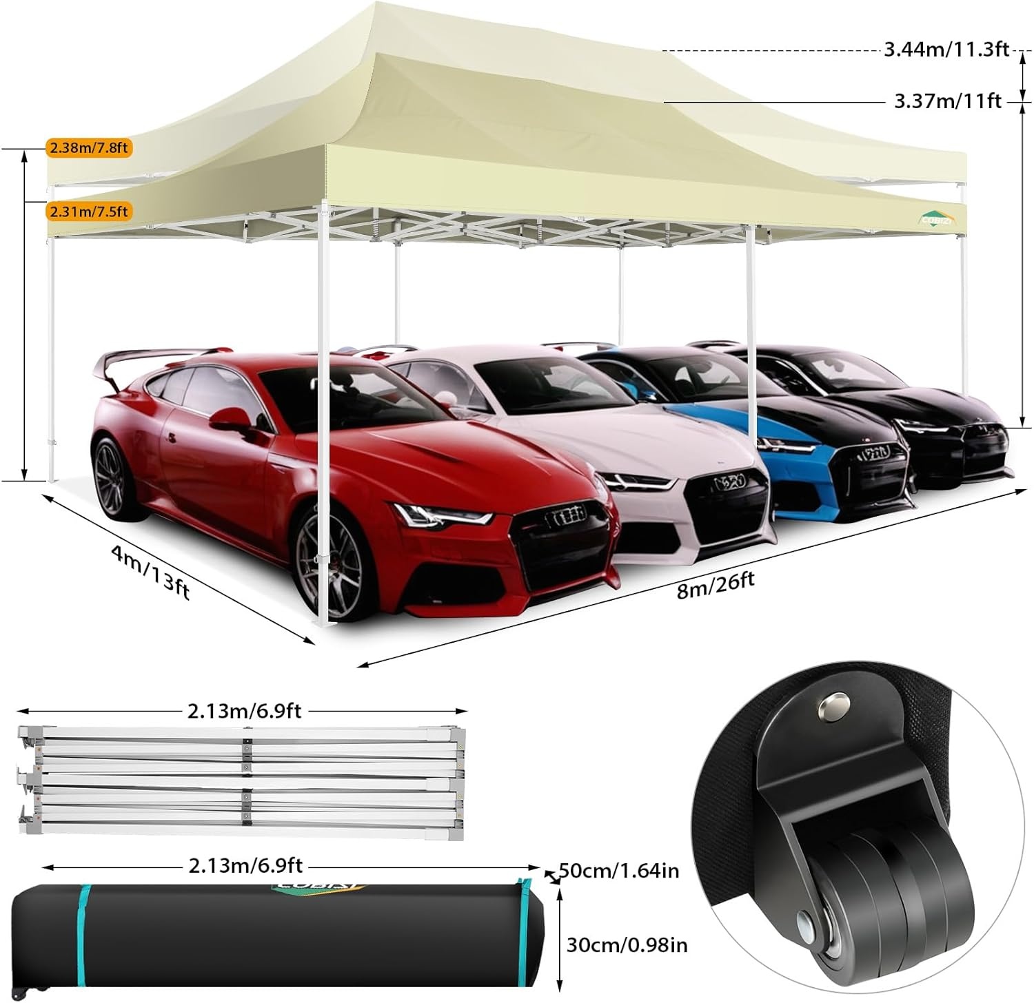 image:imageCOBIZI 66x66 Pop up Canopy Tent 66x66 Canopy No Sidewall Waterproof Heavy Duty Commercial for Parties Outdoor Garden Gazebo Tent Carry Bag with Wheel66x66ft No Sidewalls BlackKhaki